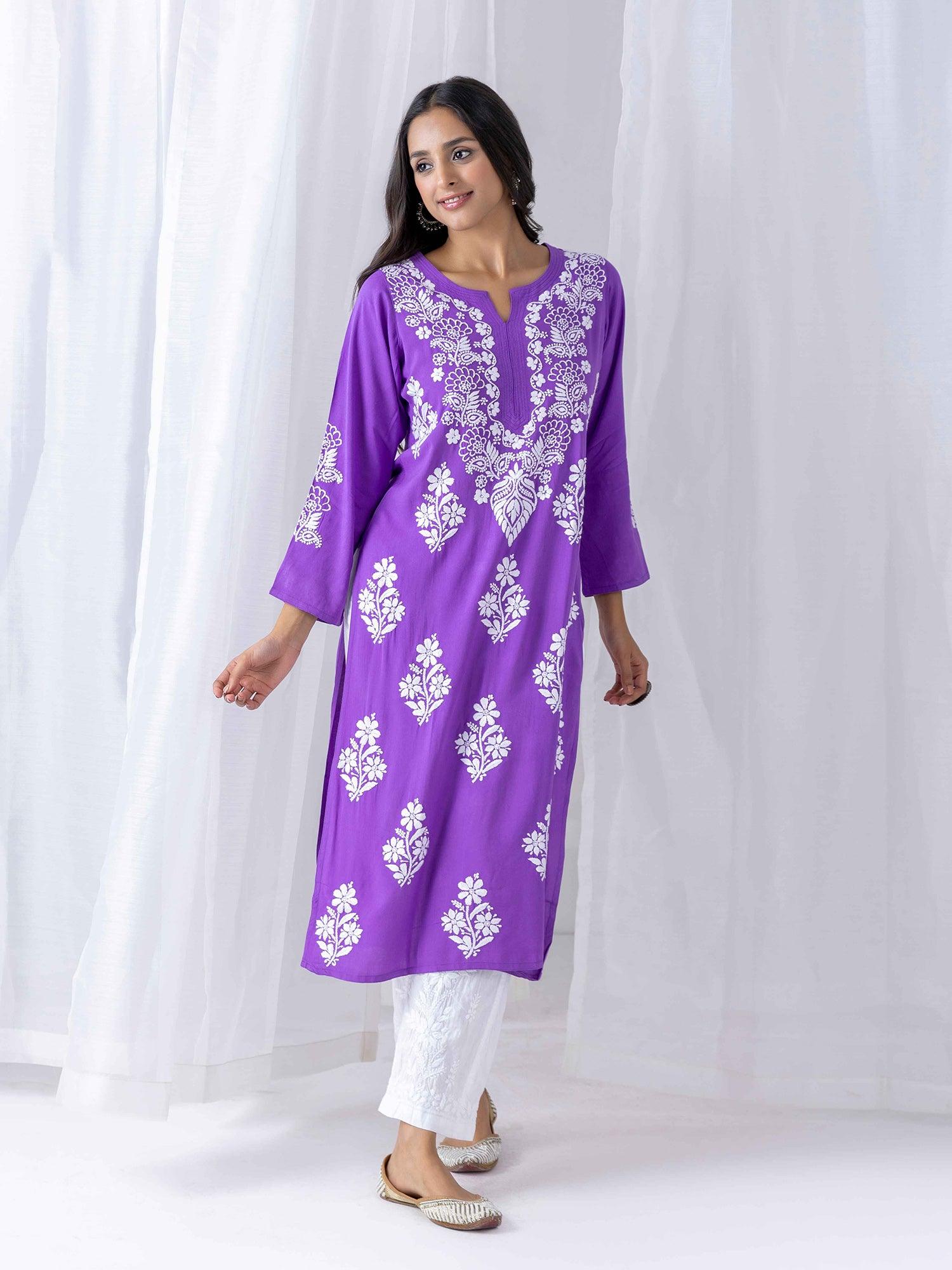 Fizaa Hand Embroidered Chikankari Kurta in Purple - House Of Kari (Chikankari Clothing)