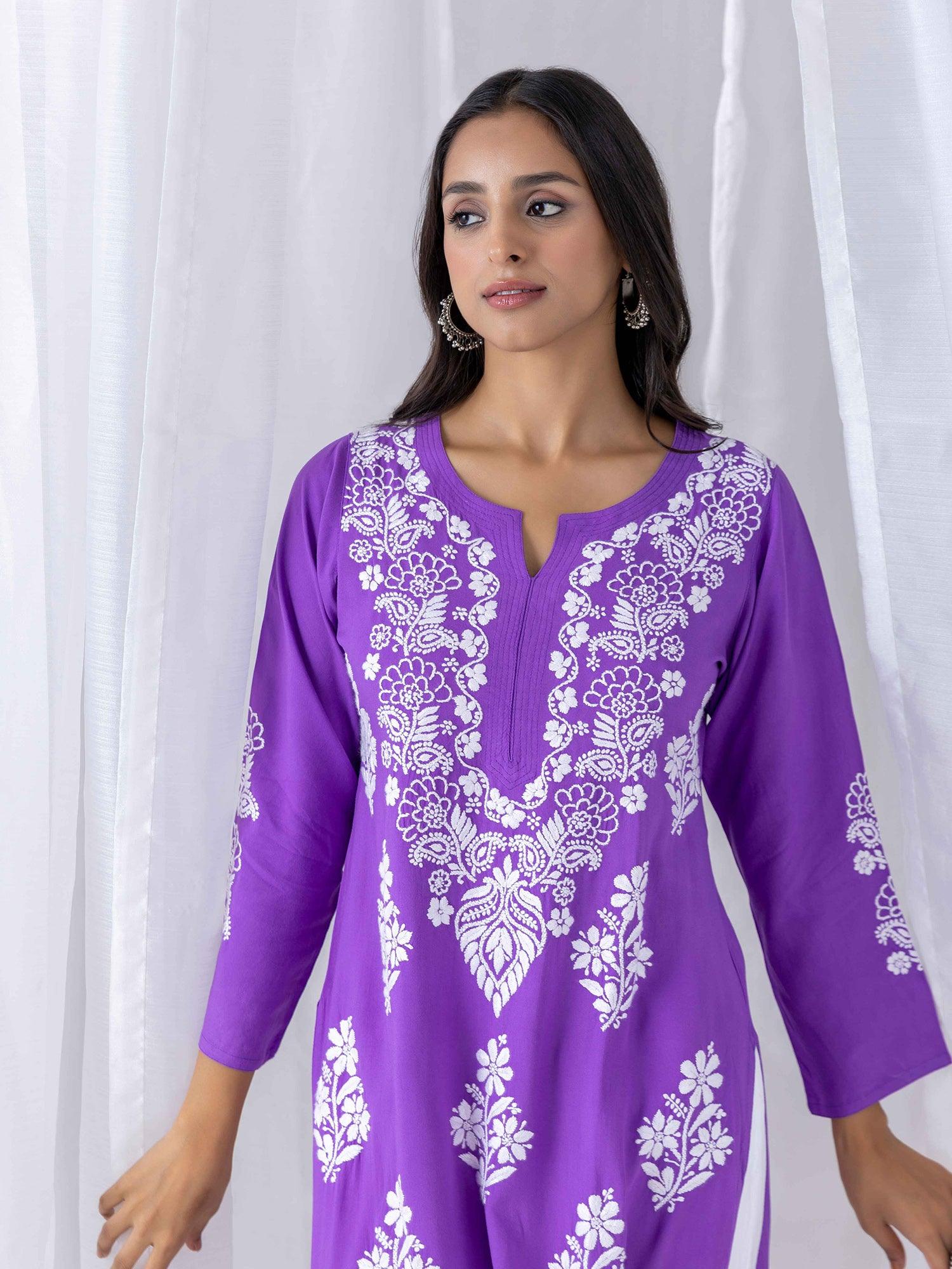 Fizaa Hand Embroidered Chikankari Kurta in Purple - House Of Kari (Chikankari Clothing)