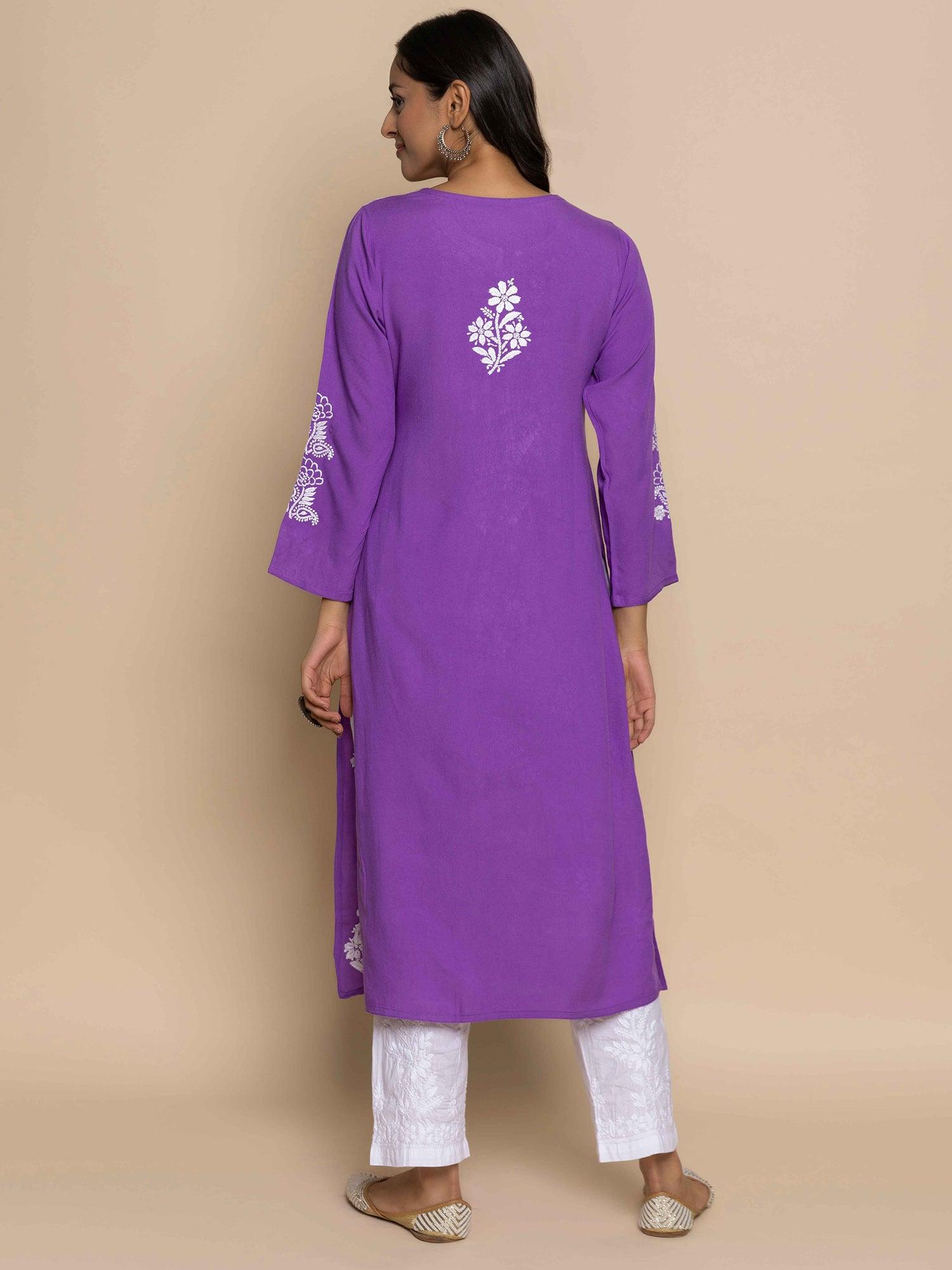 Fizaa Hand Embroidered Chikankari Kurta in Purple - House Of Kari (Chikankari Clothing)