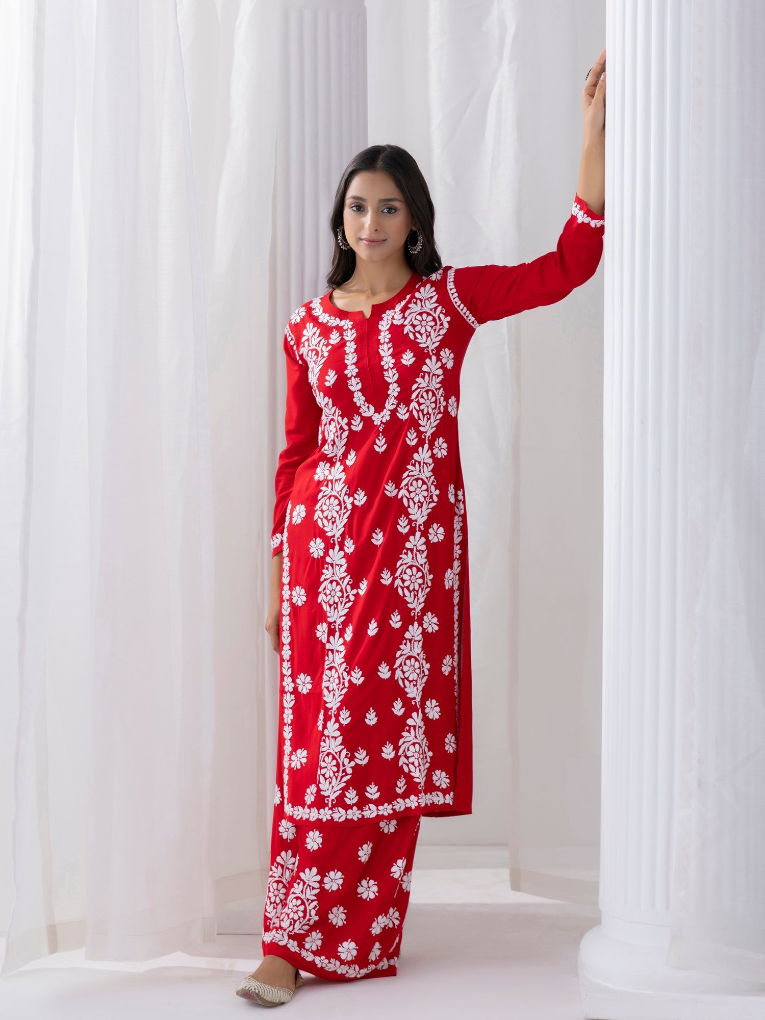 Fizaa chikankari Kurta in Modal cotton with Notch Neck Red