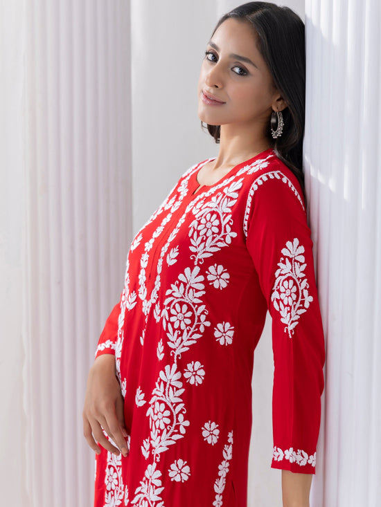 Parisa in chikankari Kurta in Modal cotton with Notch Neck Red