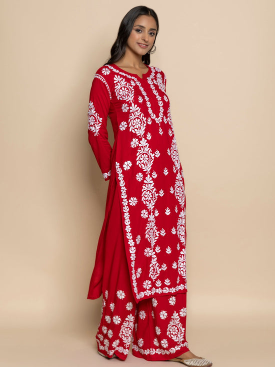 Parisa in chikankari Kurta in Modal cotton with Notch Neck Red