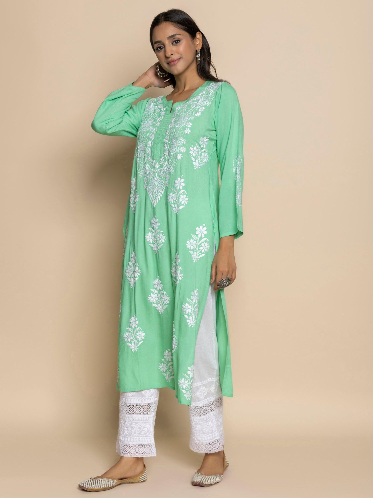 Fizaa Hand Embroidered Chikankari Kurta in Sea Green - House Of Kari (Chikankari Clothing)