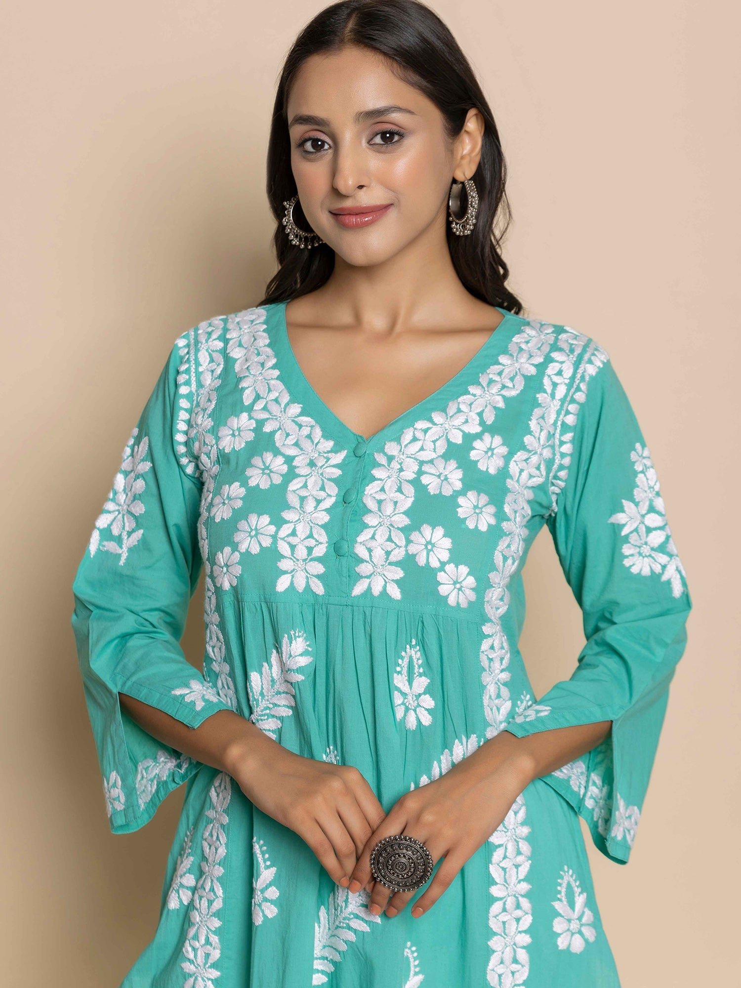 Fizaa Chikankari Kurta in Cotton V Neck Sea Green
