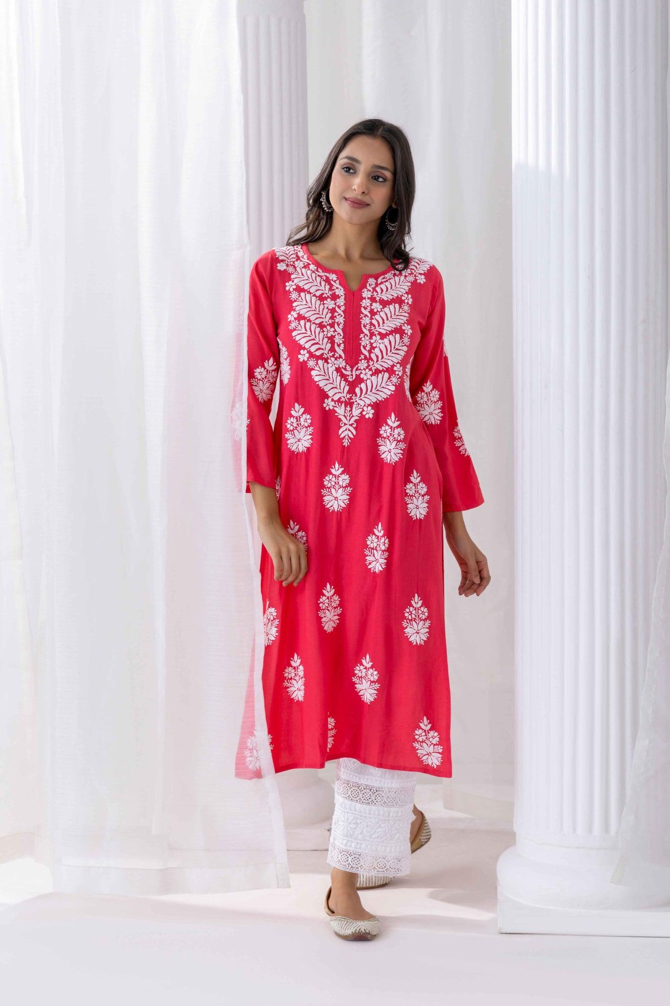Fizaa chikankari Kurta in Red - House Of Kari (Chikankari Clothing)