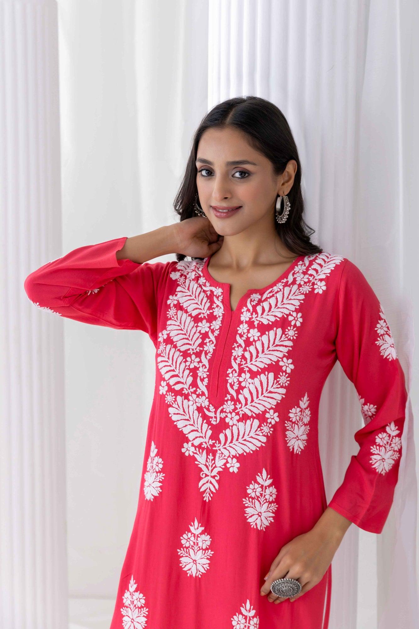 Fizaa chikankari Kurta in Red - House Of Kari (Chikankari Clothing)