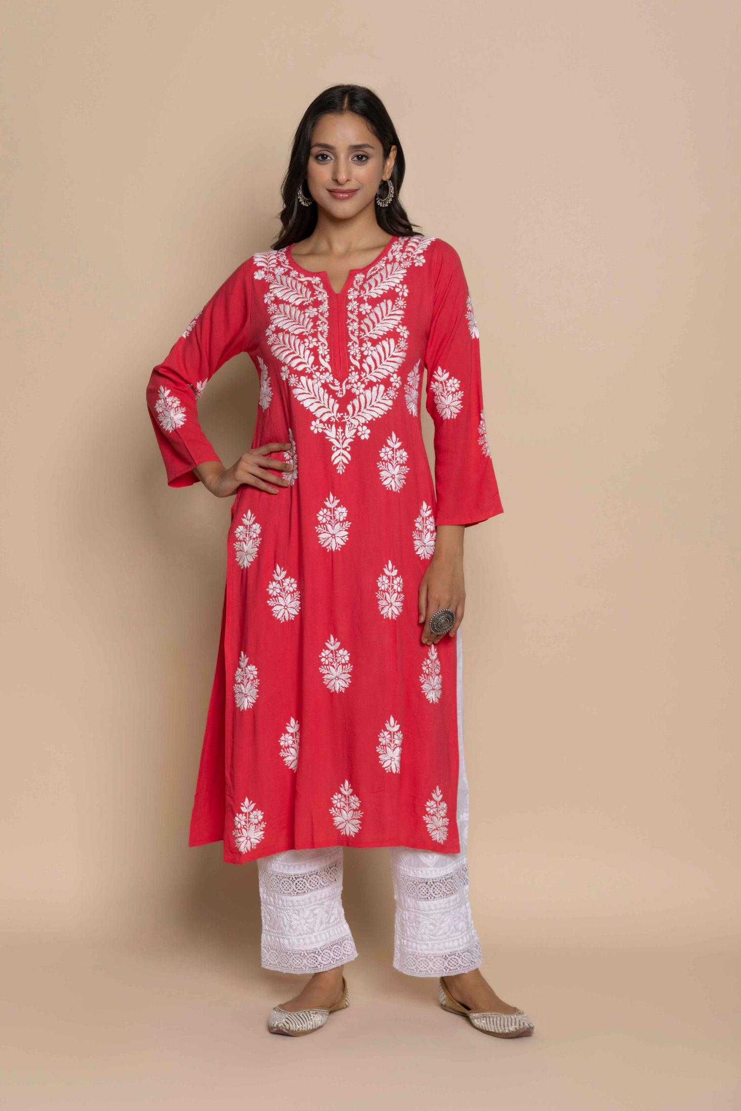 Fizaa chikankari Kurta in Red - House Of Kari (Chikankari Clothing)