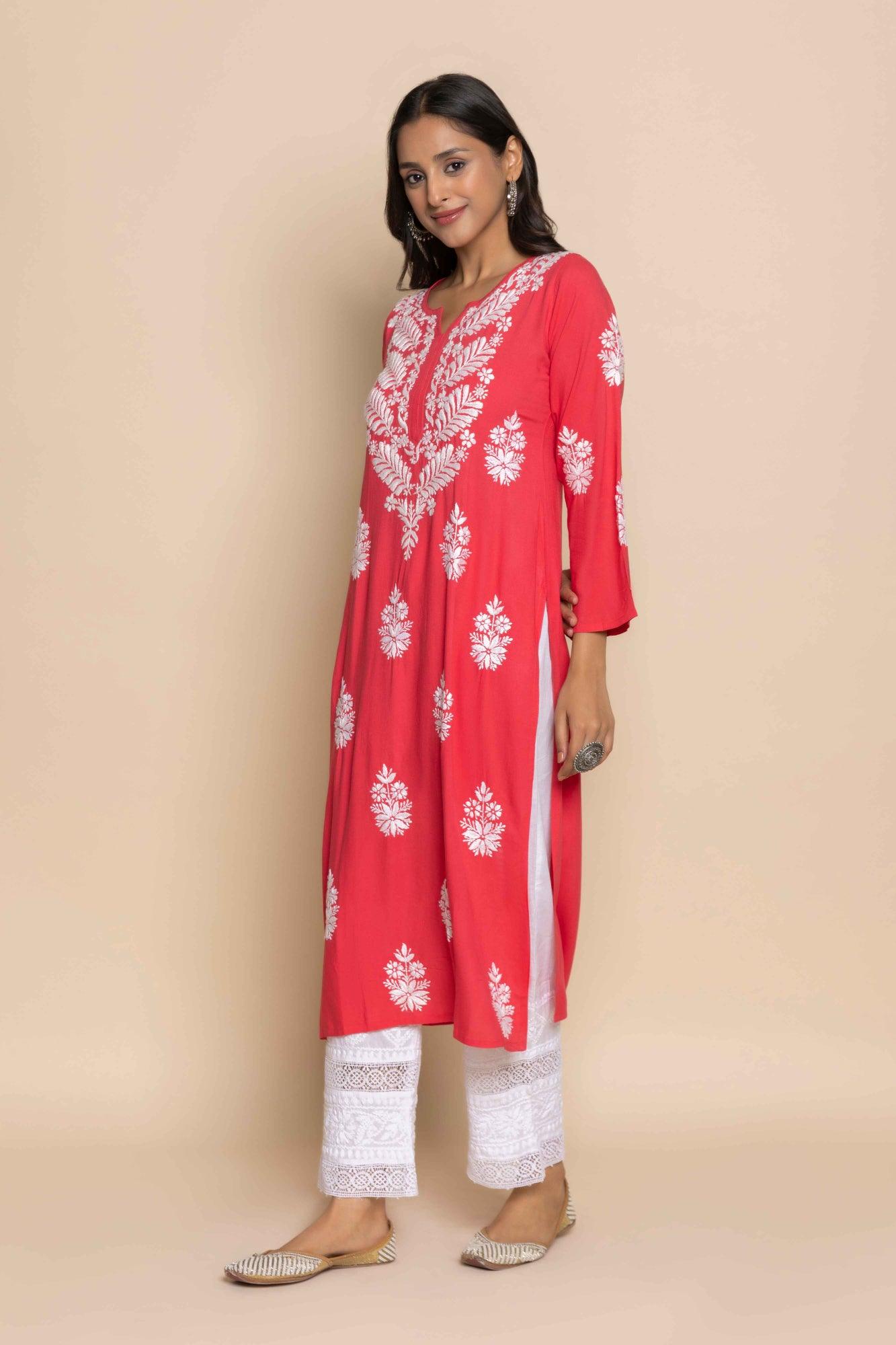 Fizaa chikankari Kurta in Red - House Of Kari (Chikankari Clothing)
