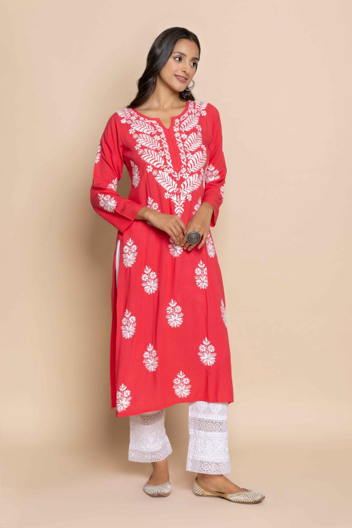 Fizaa chikankari Kurta in Red - House Of Kari (Chikankari Clothing)
