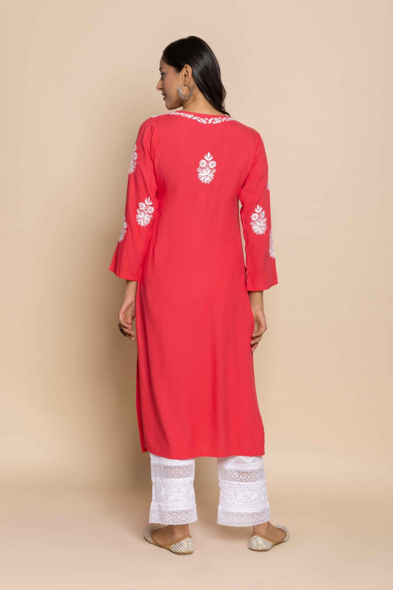 Fizaa chikankari Kurta in Red - House Of Kari (Chikankari Clothing)