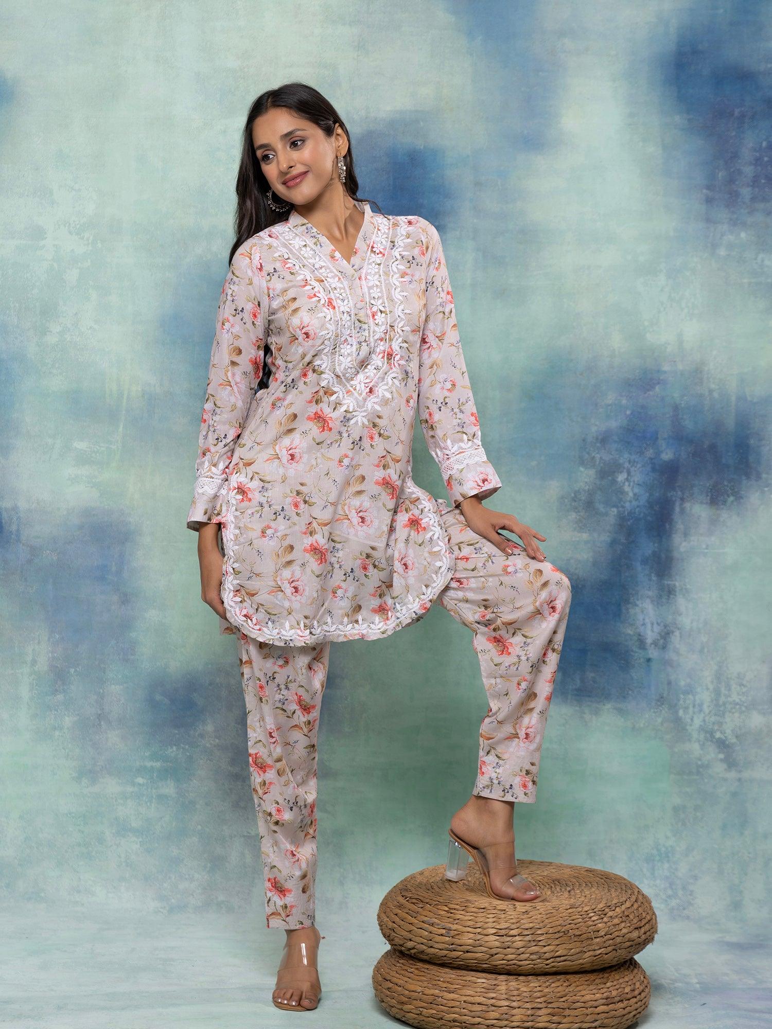 Fizaa Chikankari Co-ord set in Printed Rayon Cotton for Women- White Mulberry - House Of Kari (Chikankari Clothing)