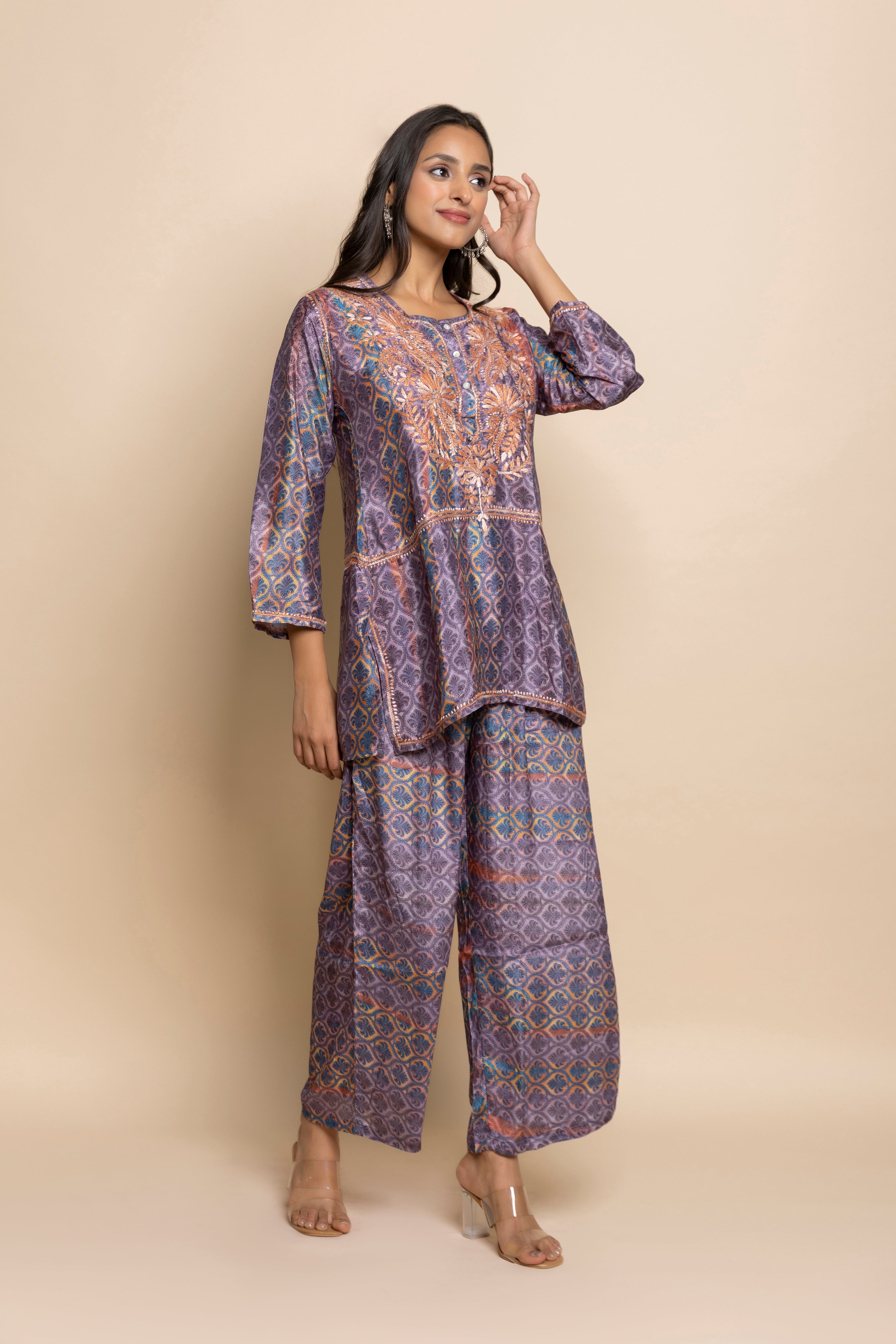 Triyata in HOK Chikankari cord set in Poly Silk Multicolor