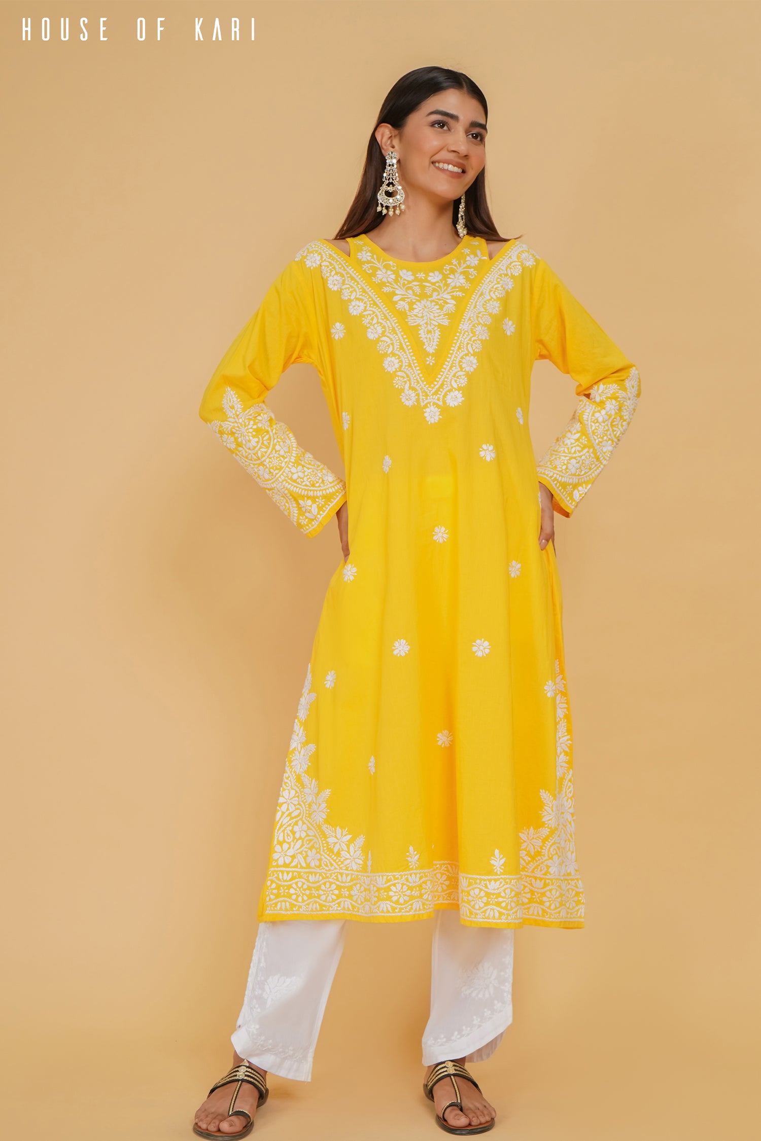 Cotton Chikankari Long Kurta Yellow