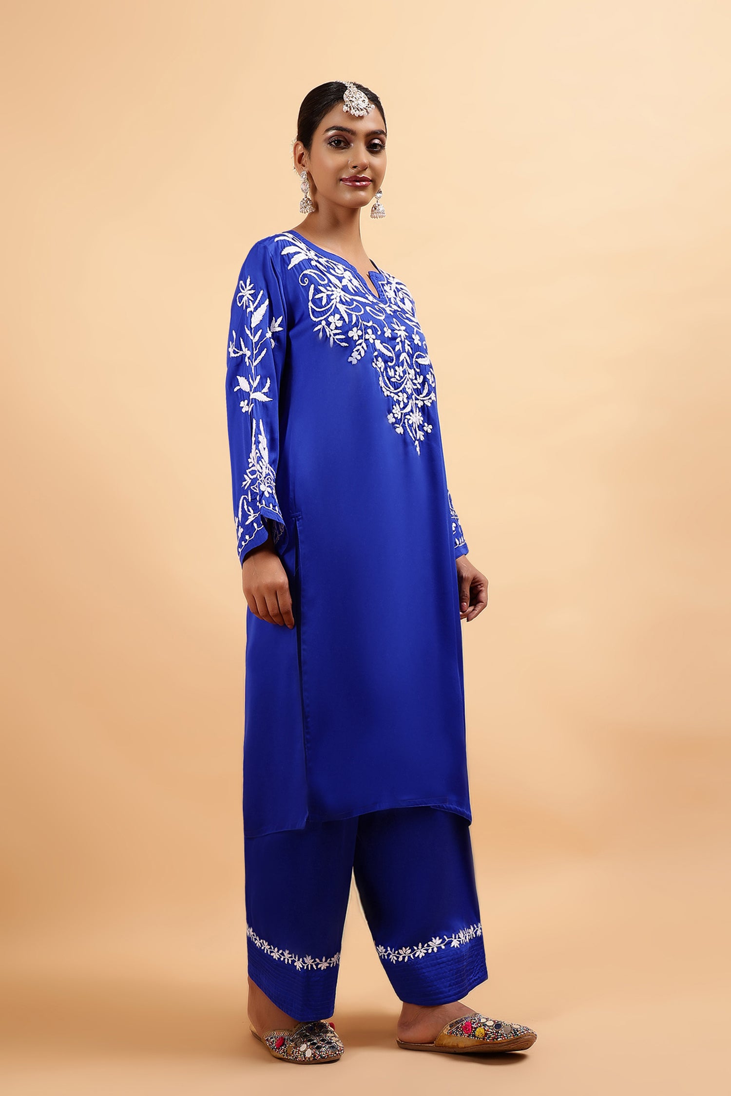 Chikankari Kurta Set in Satin Silk with Farsi Pants – Royal Blue