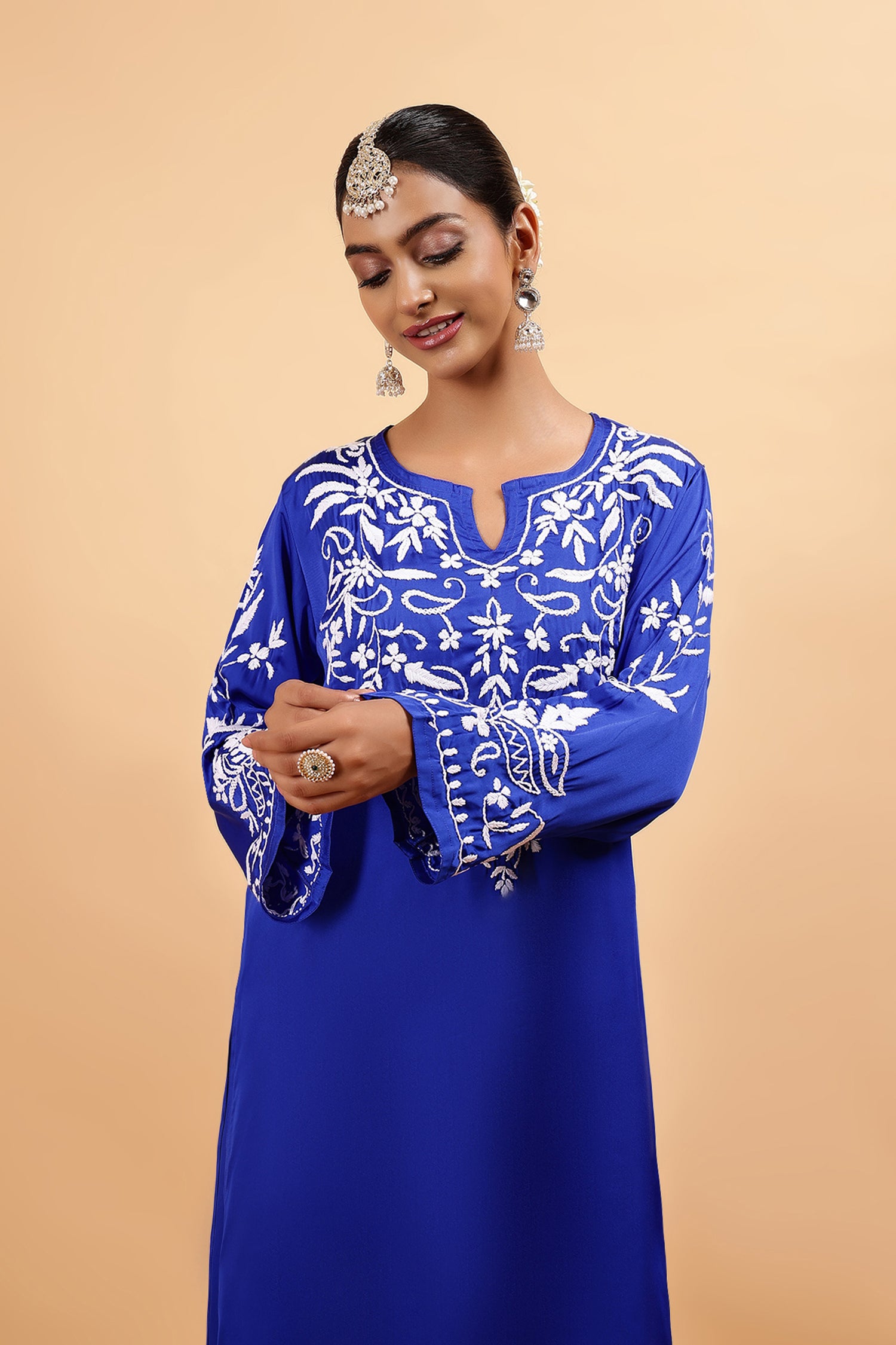 Chikankari Kurta Set in Satin Silk with Farsi Pants – Royal Blue