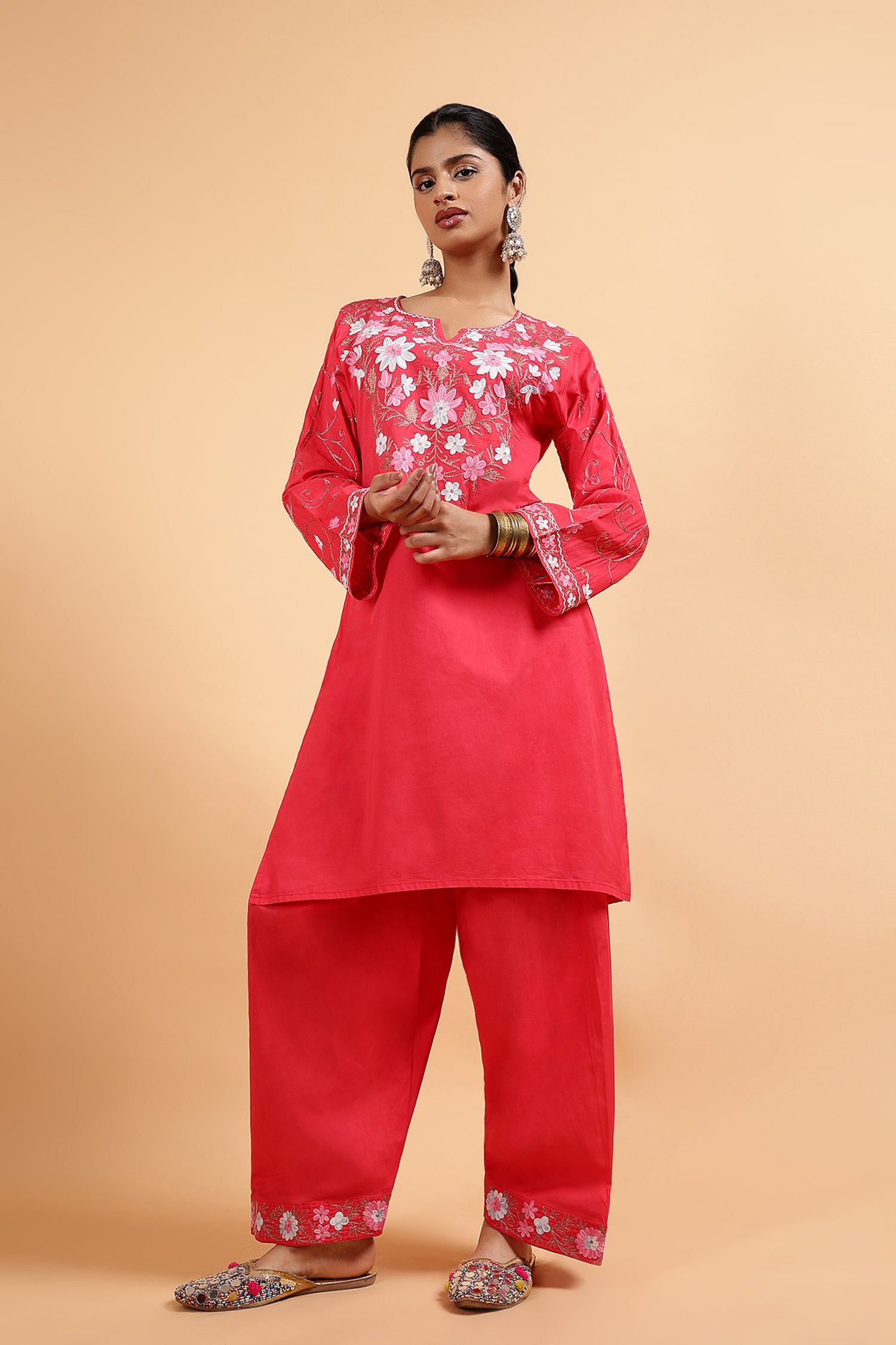 Kashmiri Aari Embroidered Kurta Set with Farsi Pants - Pink