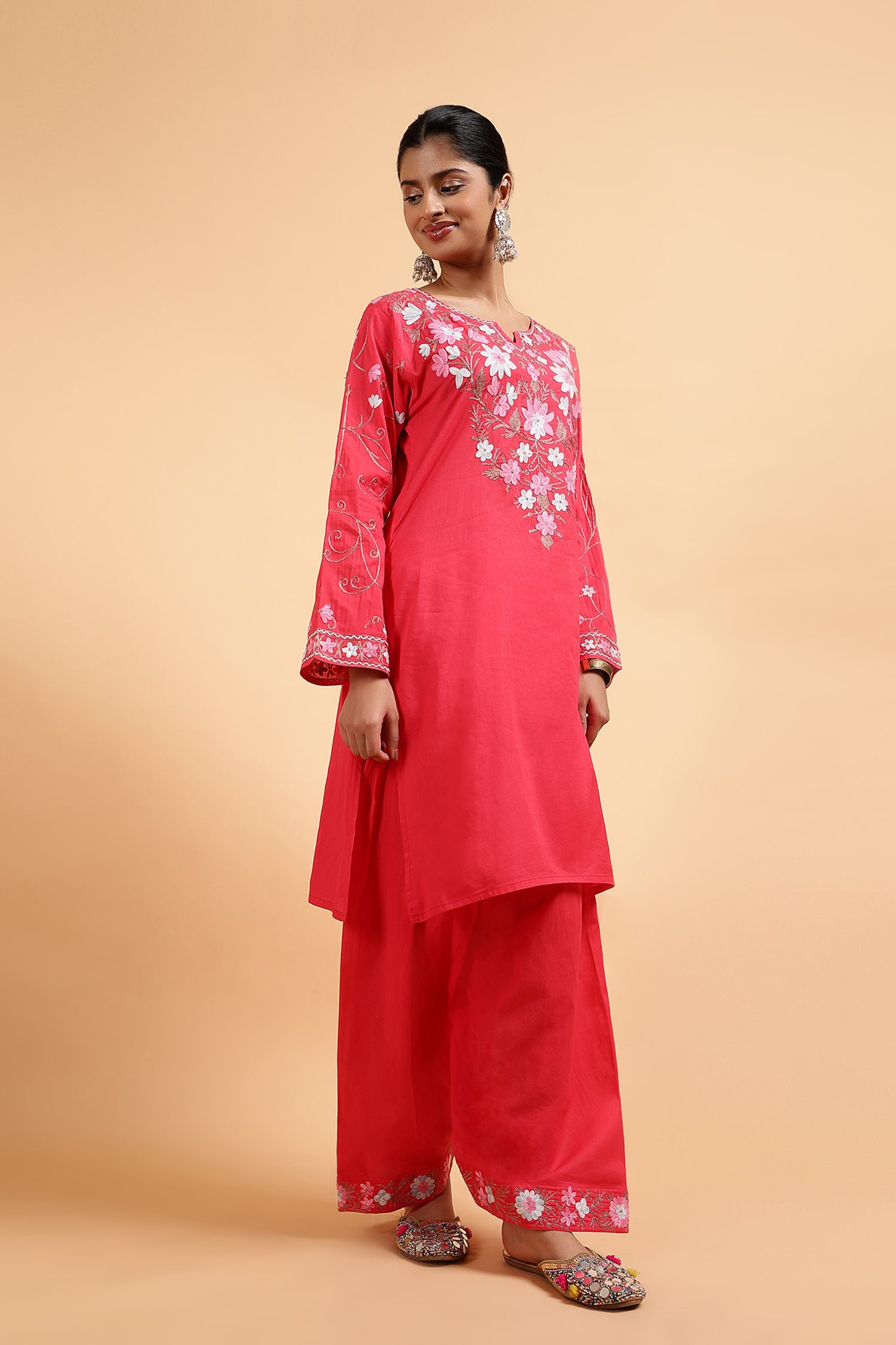 Kashmiri Aari Embroidered Kurta Set with Farsi Pants - Pink