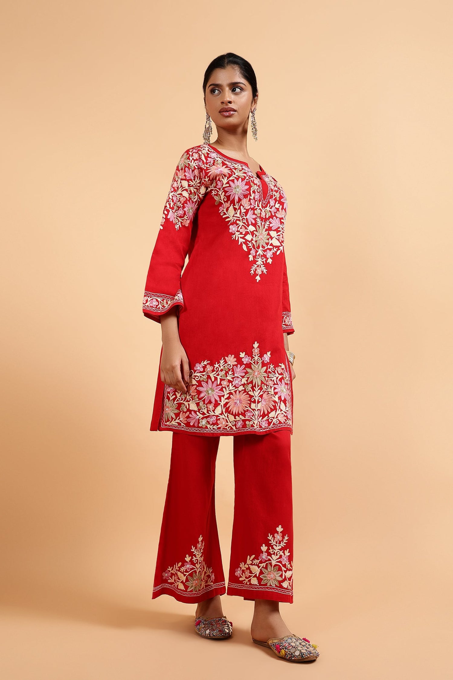 Plus Size - Kashmiri Aari Embroidered Kurta Set with Bellbottom Pants in Red Cotton Silk