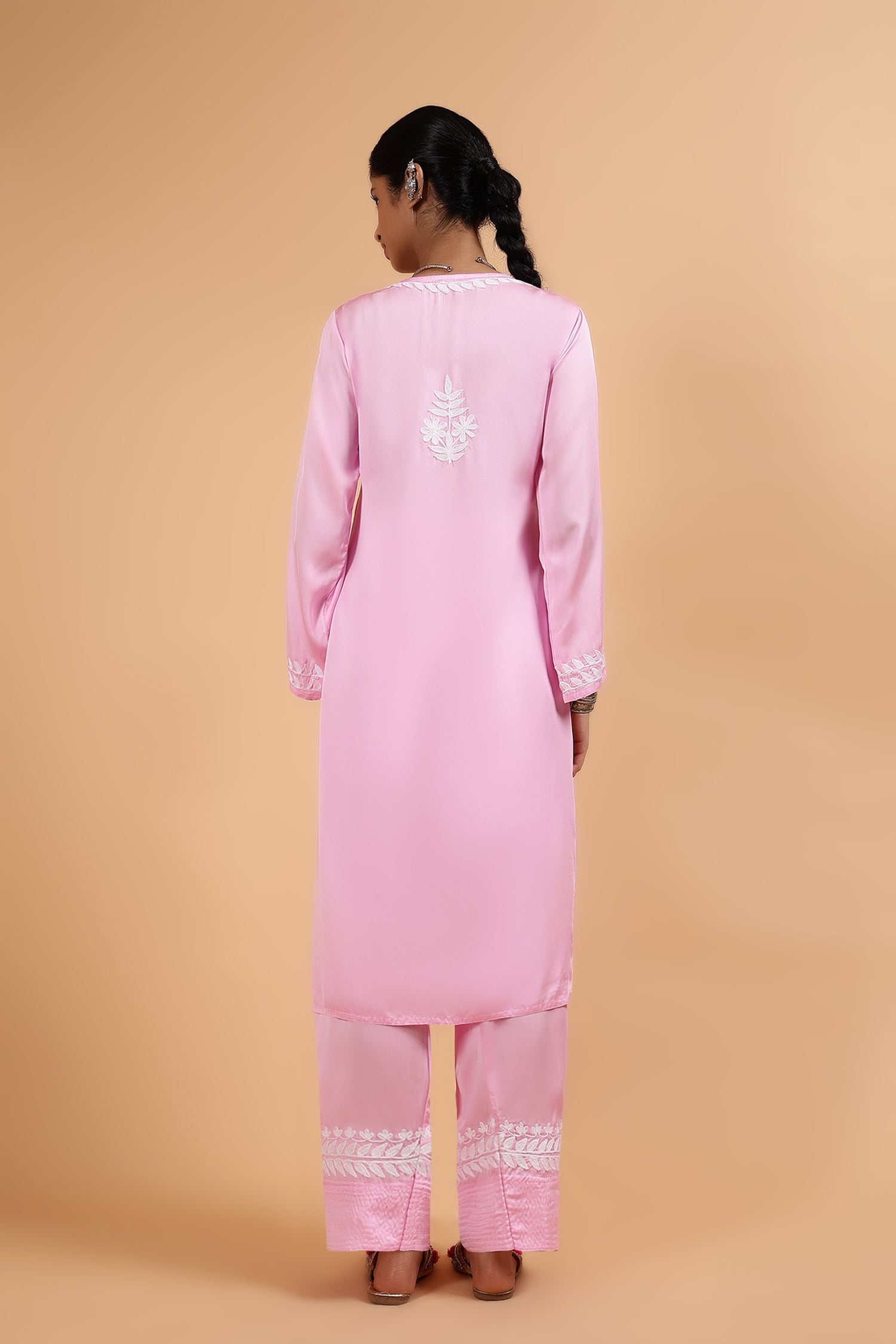 Kashmiri Aari Embroidered Kurta Set with Farsi Pants in Pink Satin Silk
