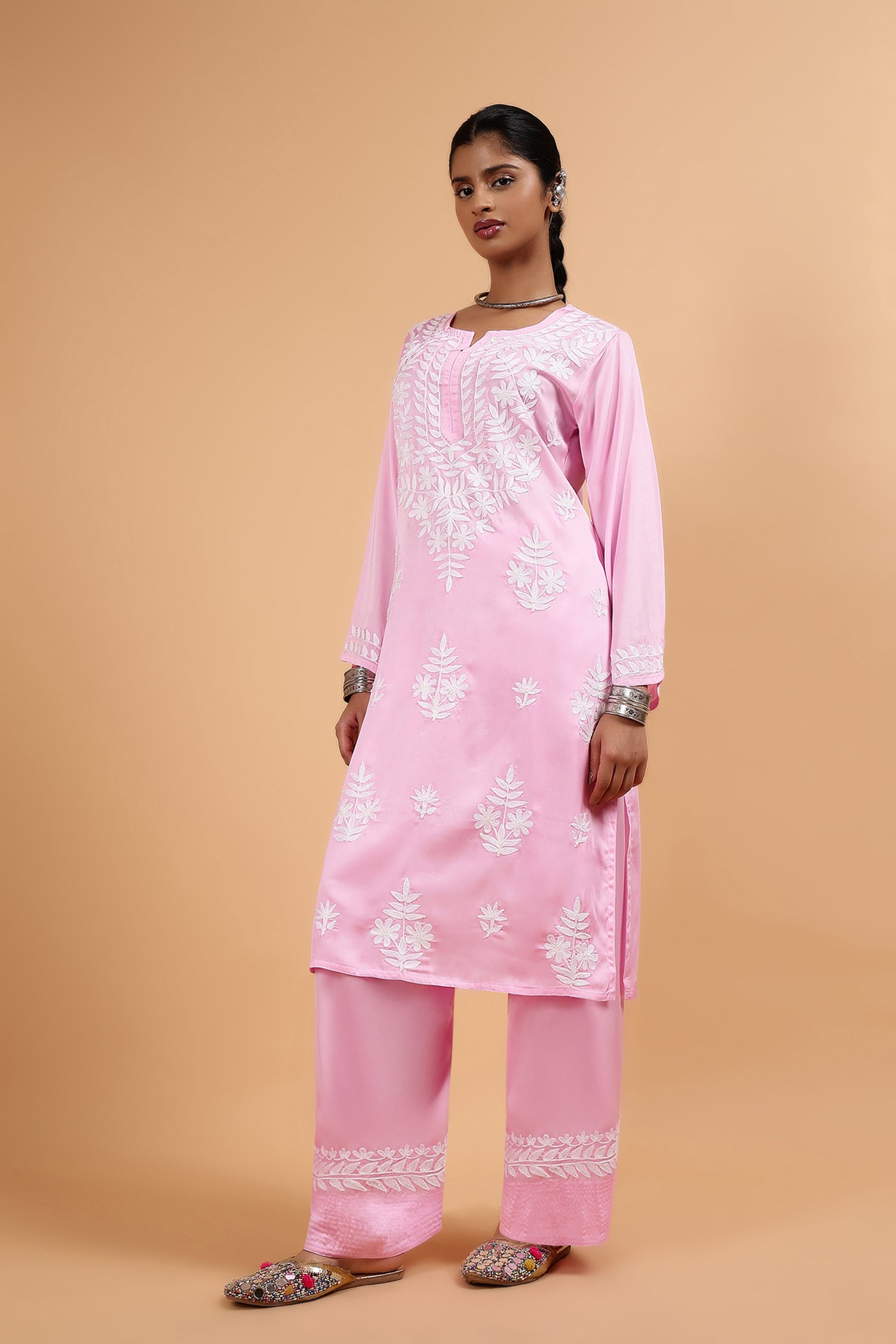 Kashmiri Aari Embroidered Kurta Set with Farsi Pants in Pink Satin Silk