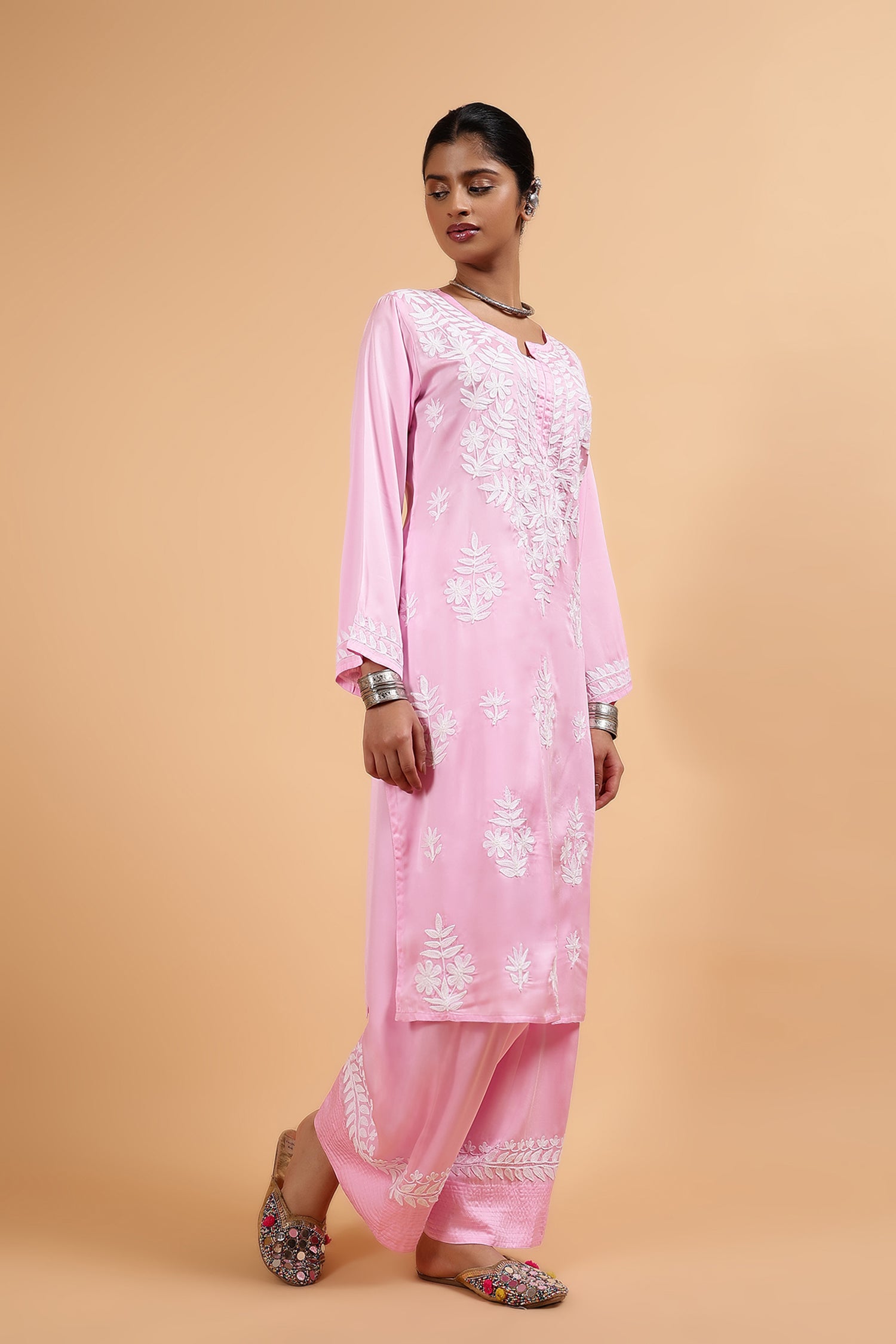Kashmiri Aari Embroidered Kurta Set with Farsi Pants in Pink Satin Silk