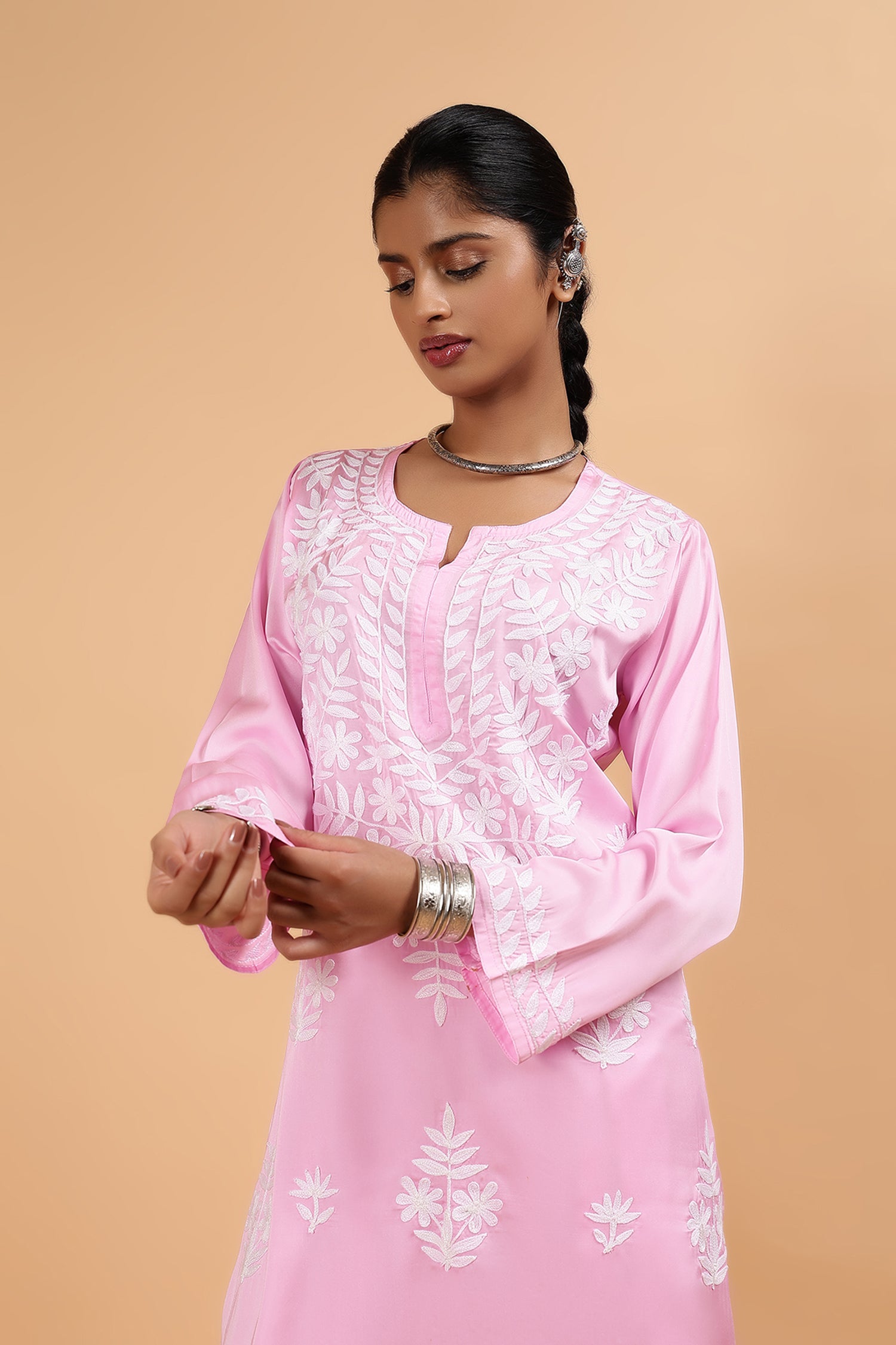 Kashmiri Aari Embroidered Kurta Set with Farsi Pants in Pink Satin Silk