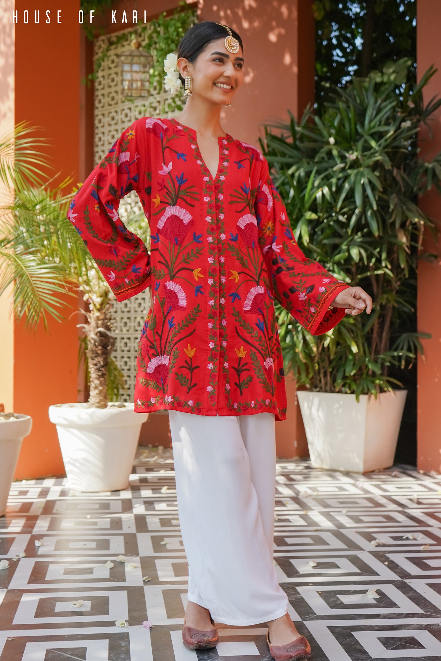 Kashmiri Aari Work Cotton Kurta Jacket – Red
