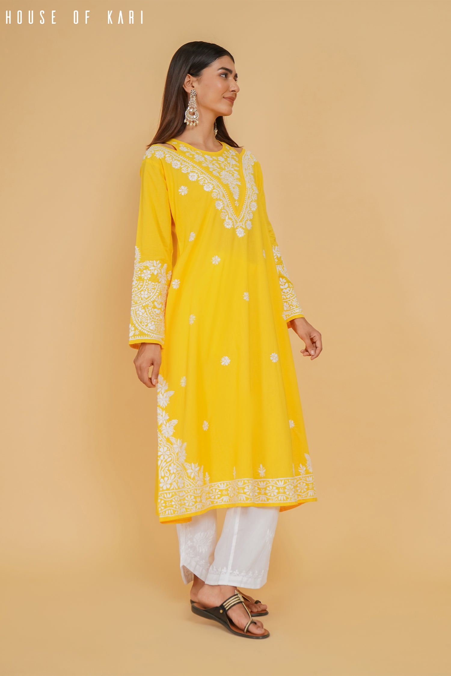 Cotton Chikankari Long Kurta Yellow