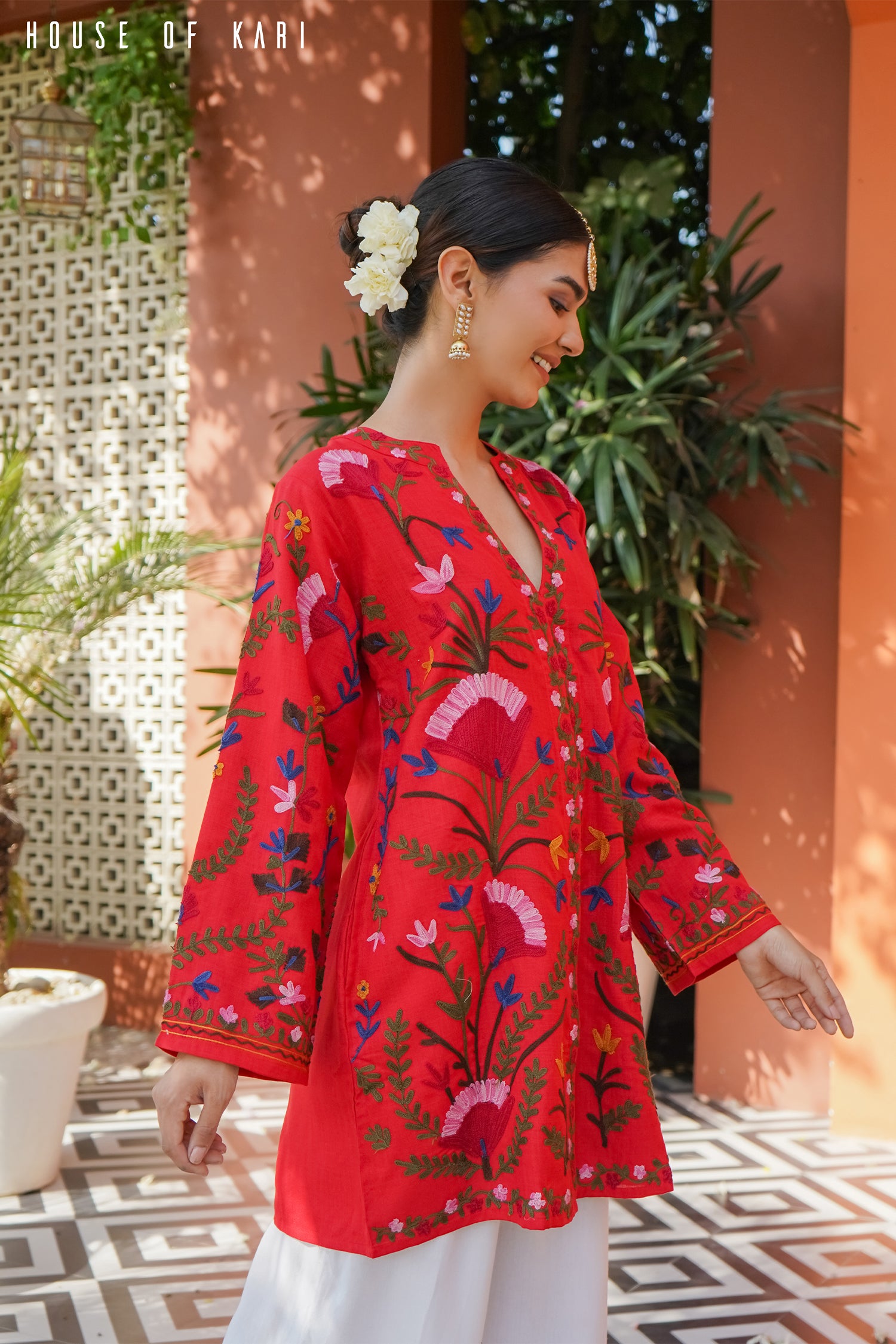 Kashmiri Aari Work Cotton Kurta Jacket – Red