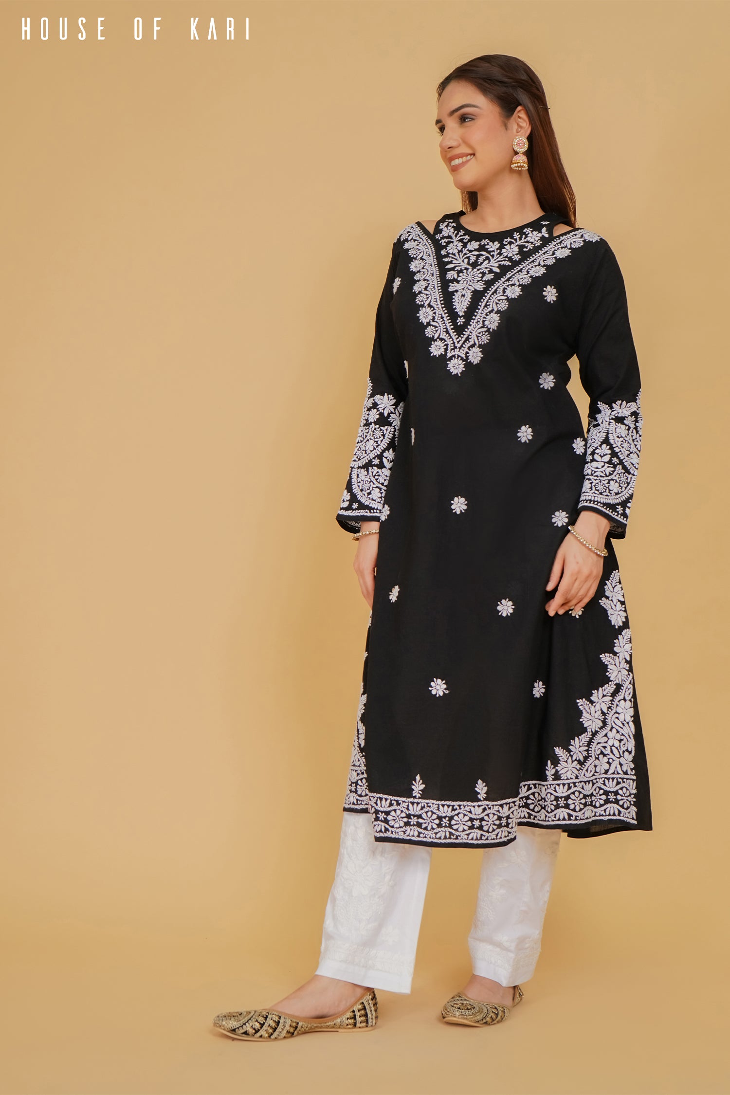 ADA in Cotton Chikankari Long Kurta Black