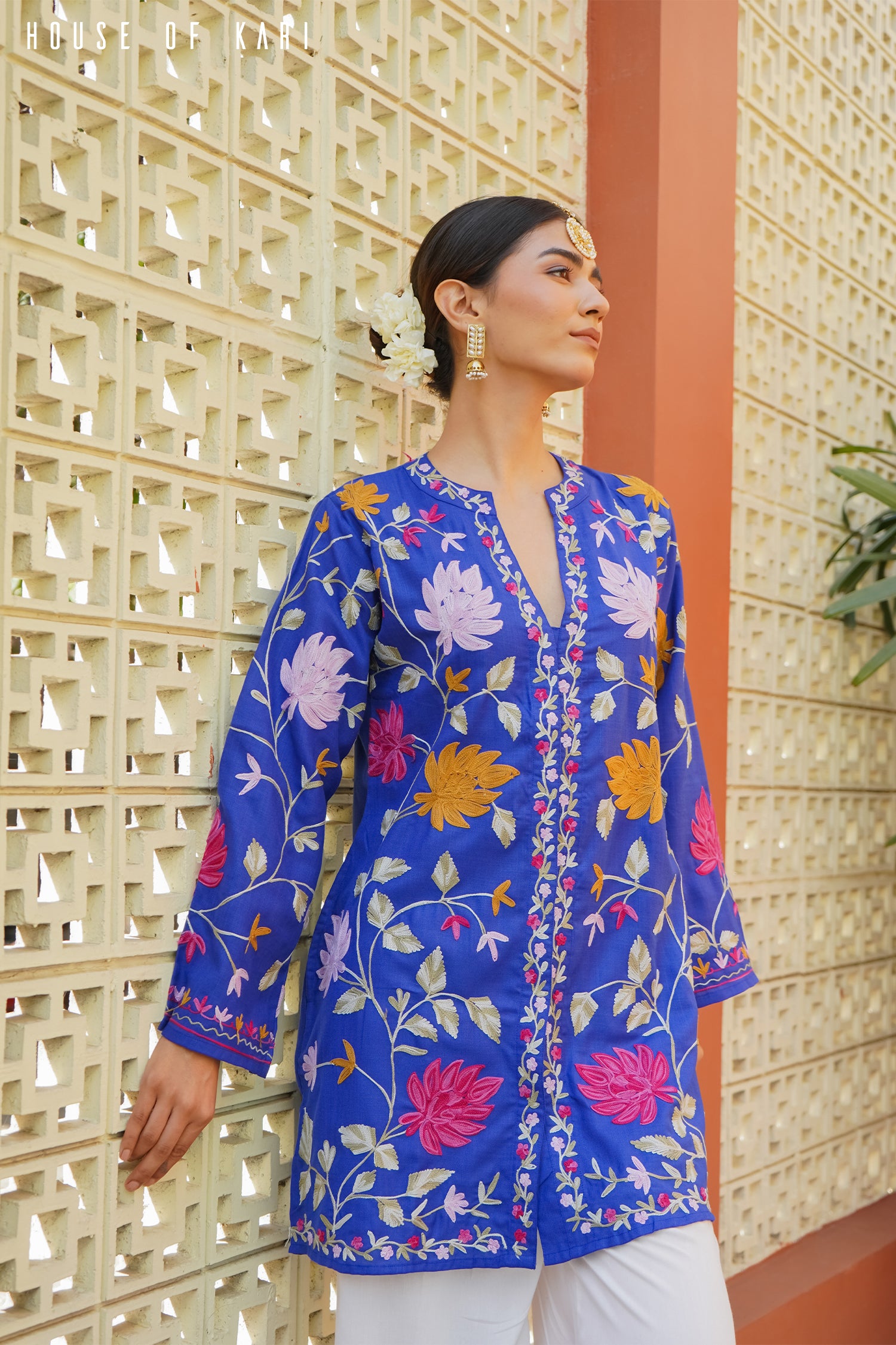 Kashmiri Aari Work Cotton Kurta Jacket – Royal Blue