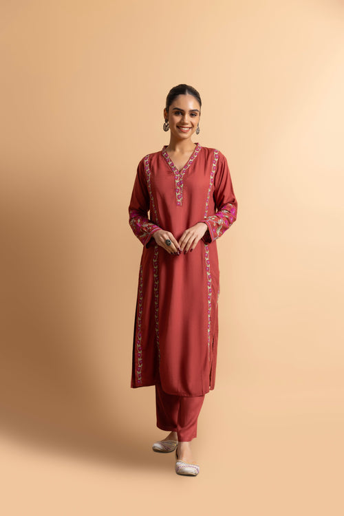 Gargi in Fizaa's Chikankari Cotton Silk Kurta Set for Women - Falu Red