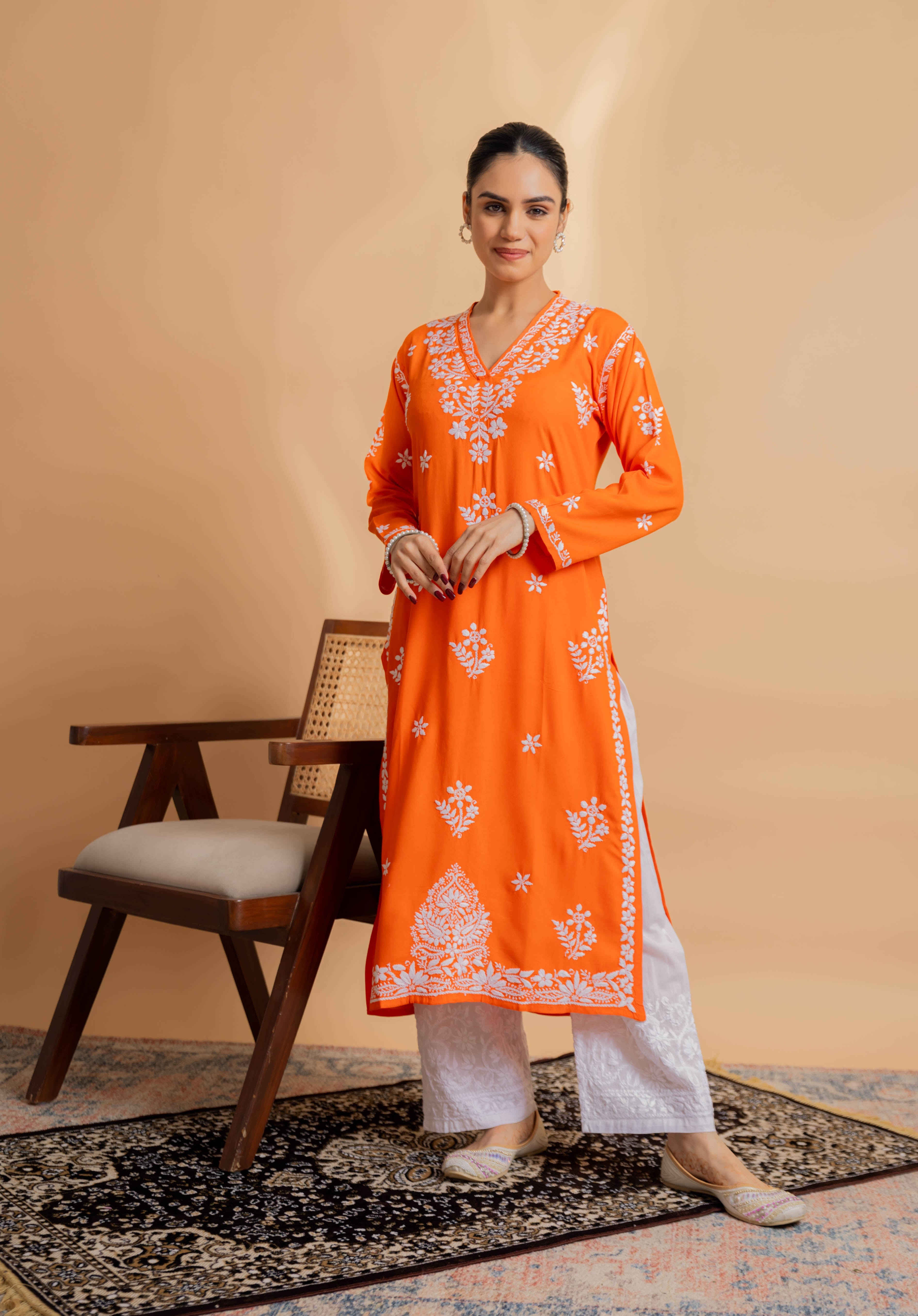 Cotton Blossom Chikankari V-Neck Kurta - Orange