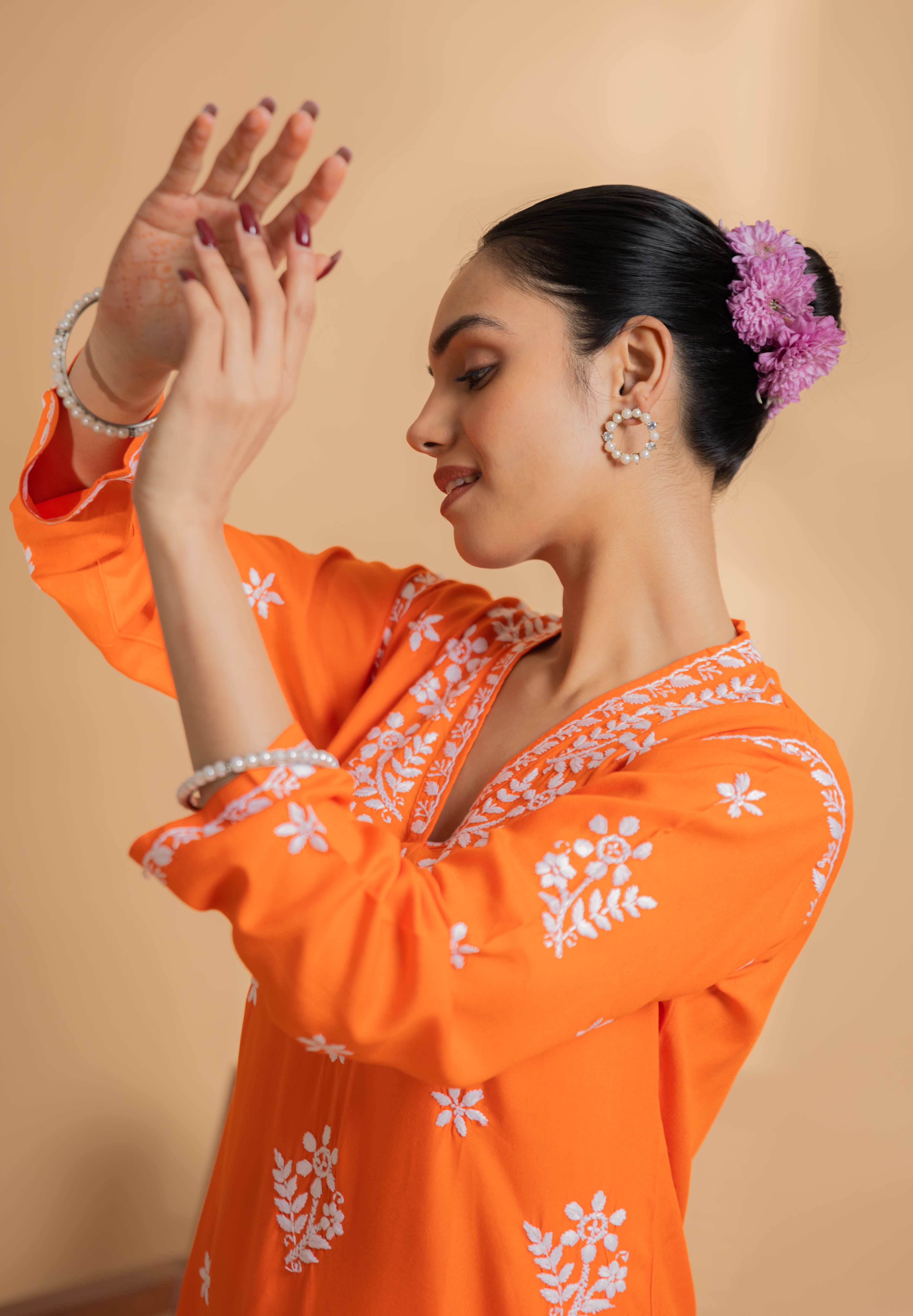 Cotton Blossom Chikankari V-Neck Kurta - Orange