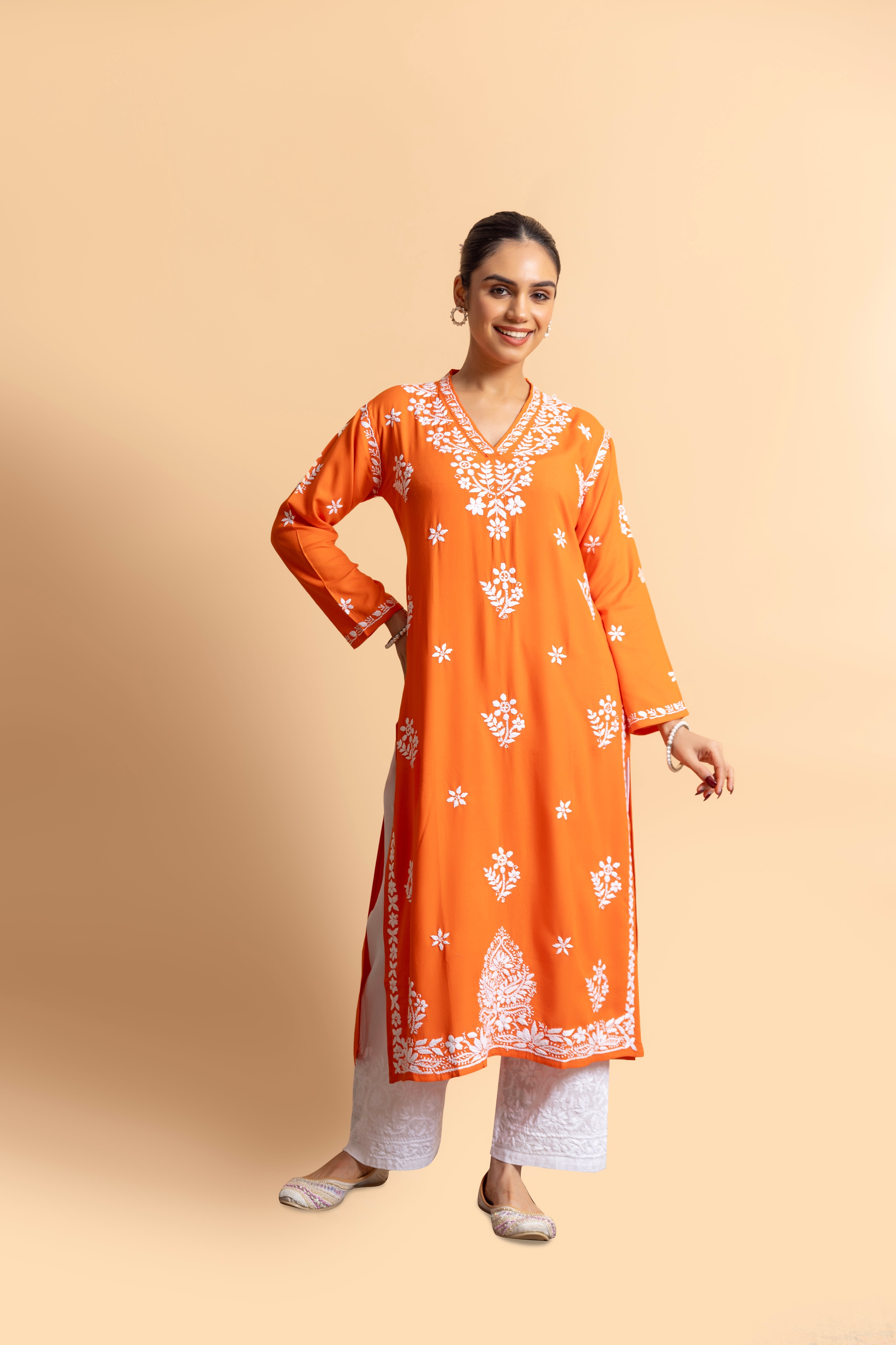 Cotton Blossom Chikankari V-Neck Kurta - Orange