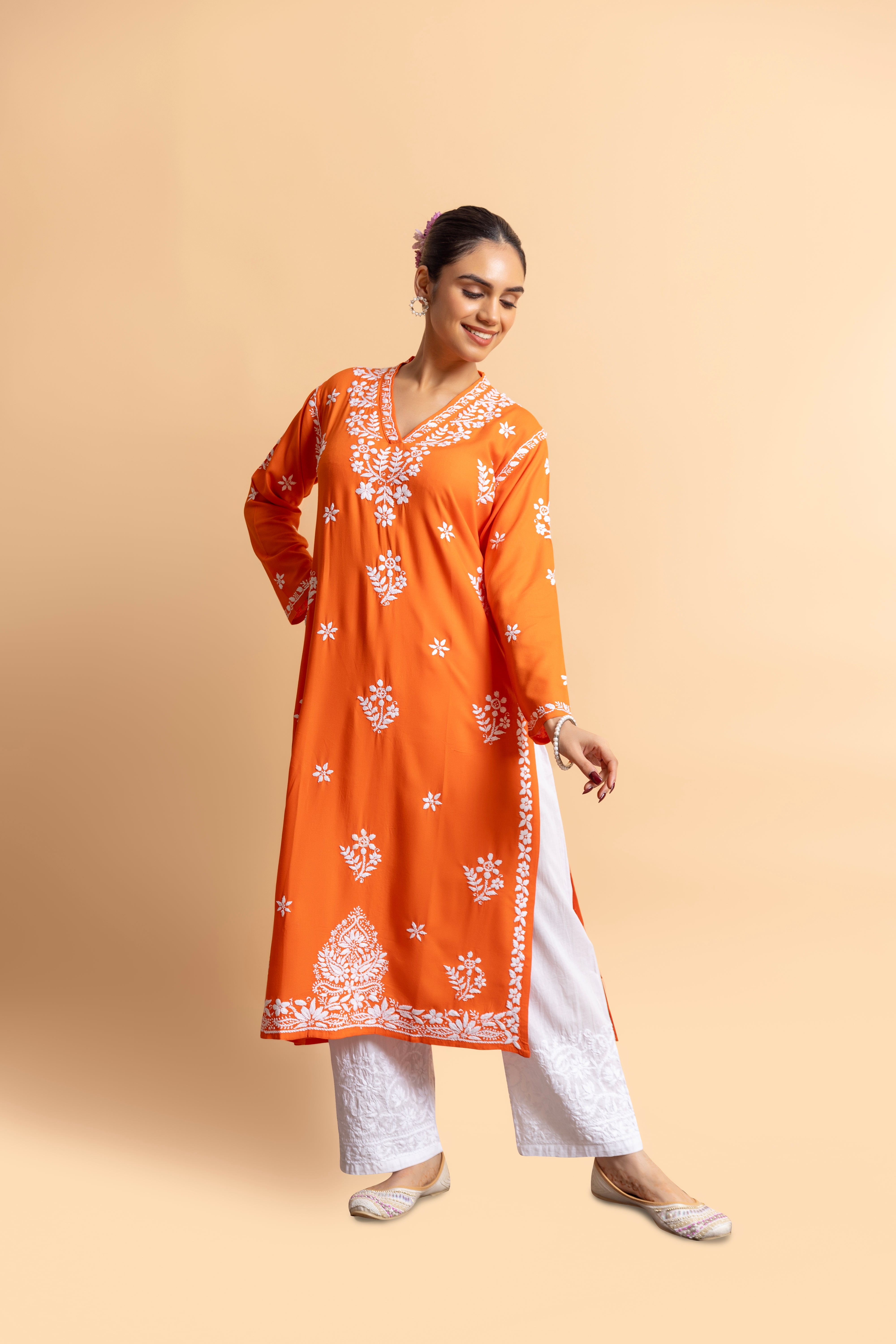 Cotton Blossom Chikankari V-Neck Kurta - Orange
