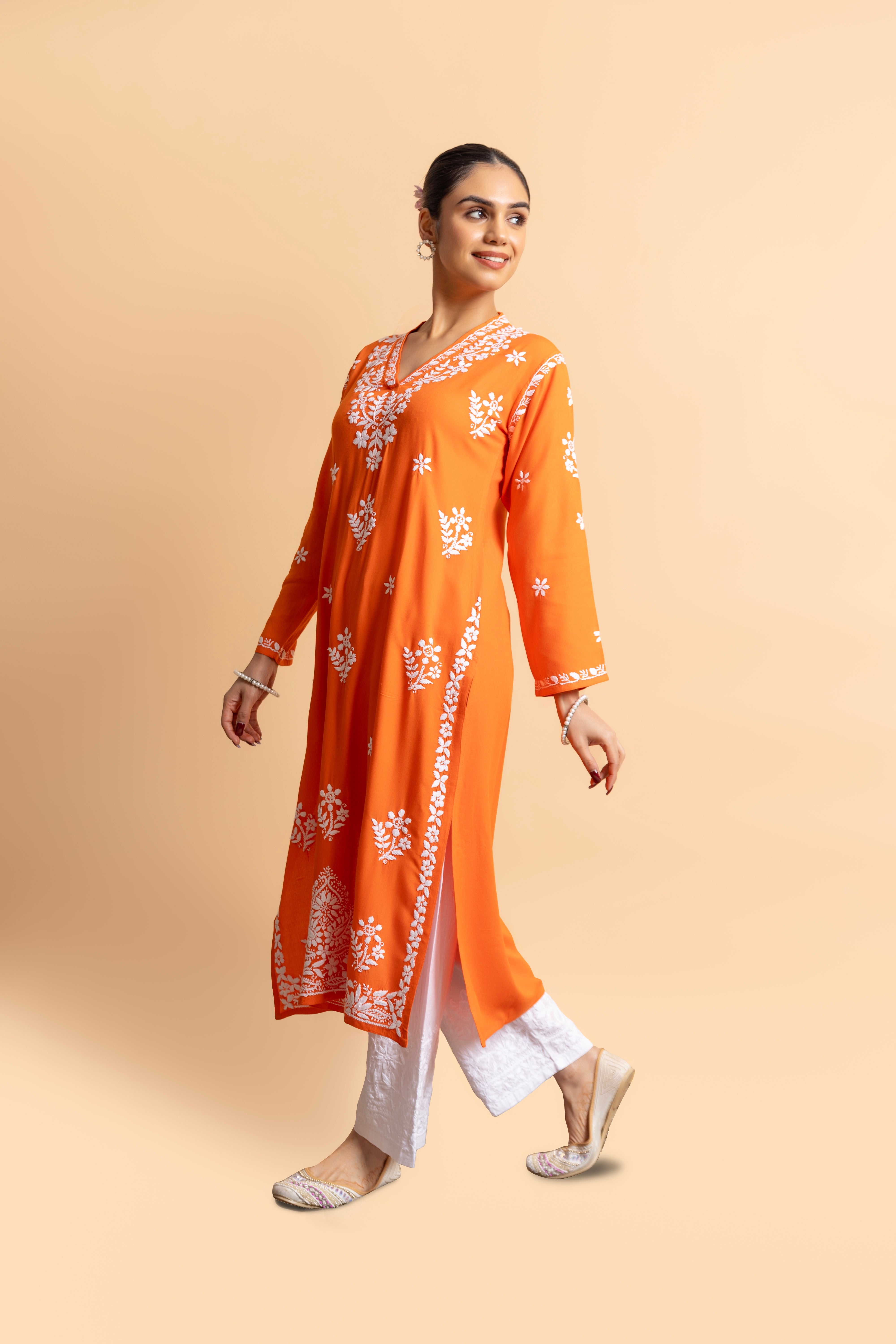 Cotton Blossom Chikankari V-Neck Kurta - Orange