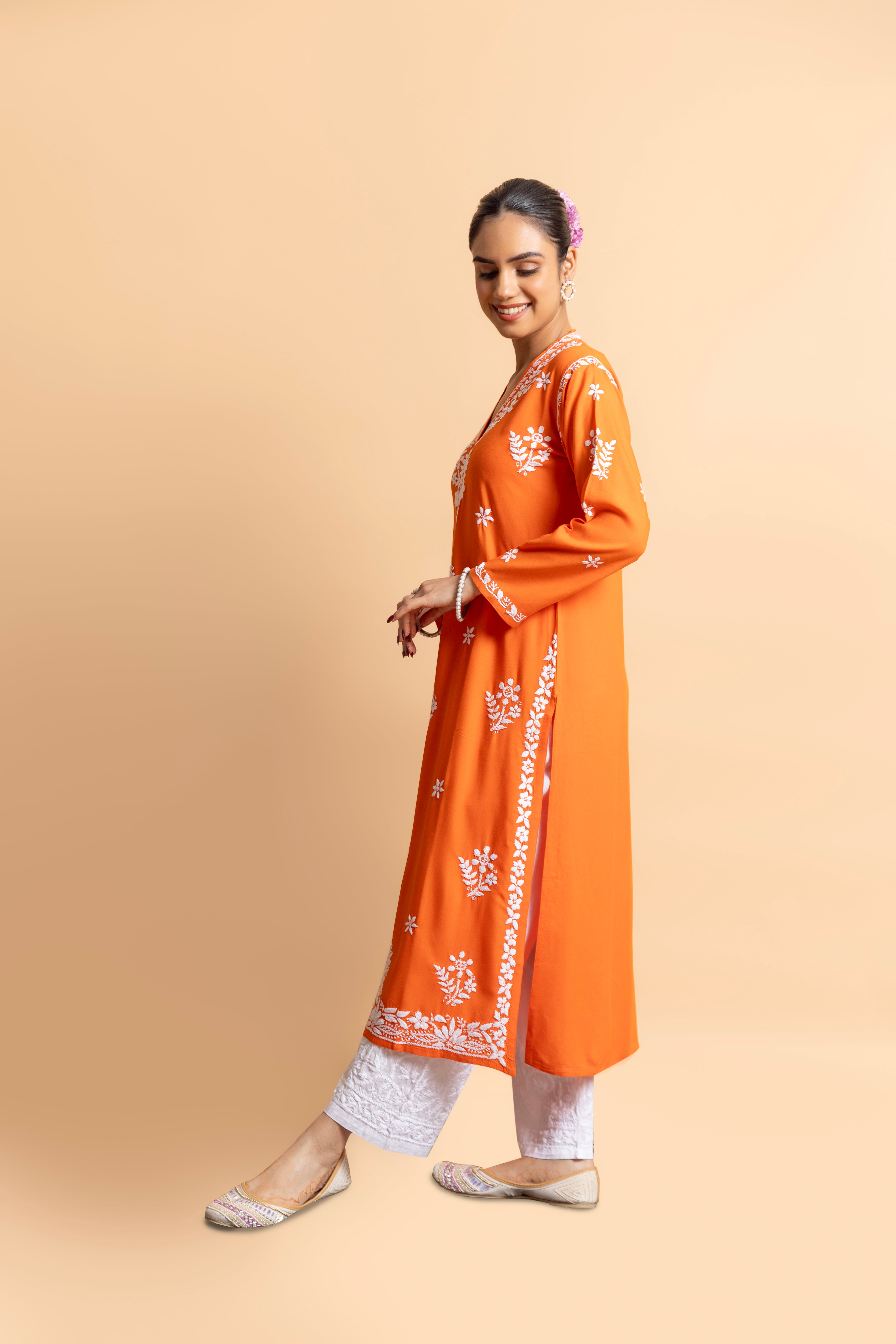 Cotton Blossom Chikankari V-Neck Kurta - Orange