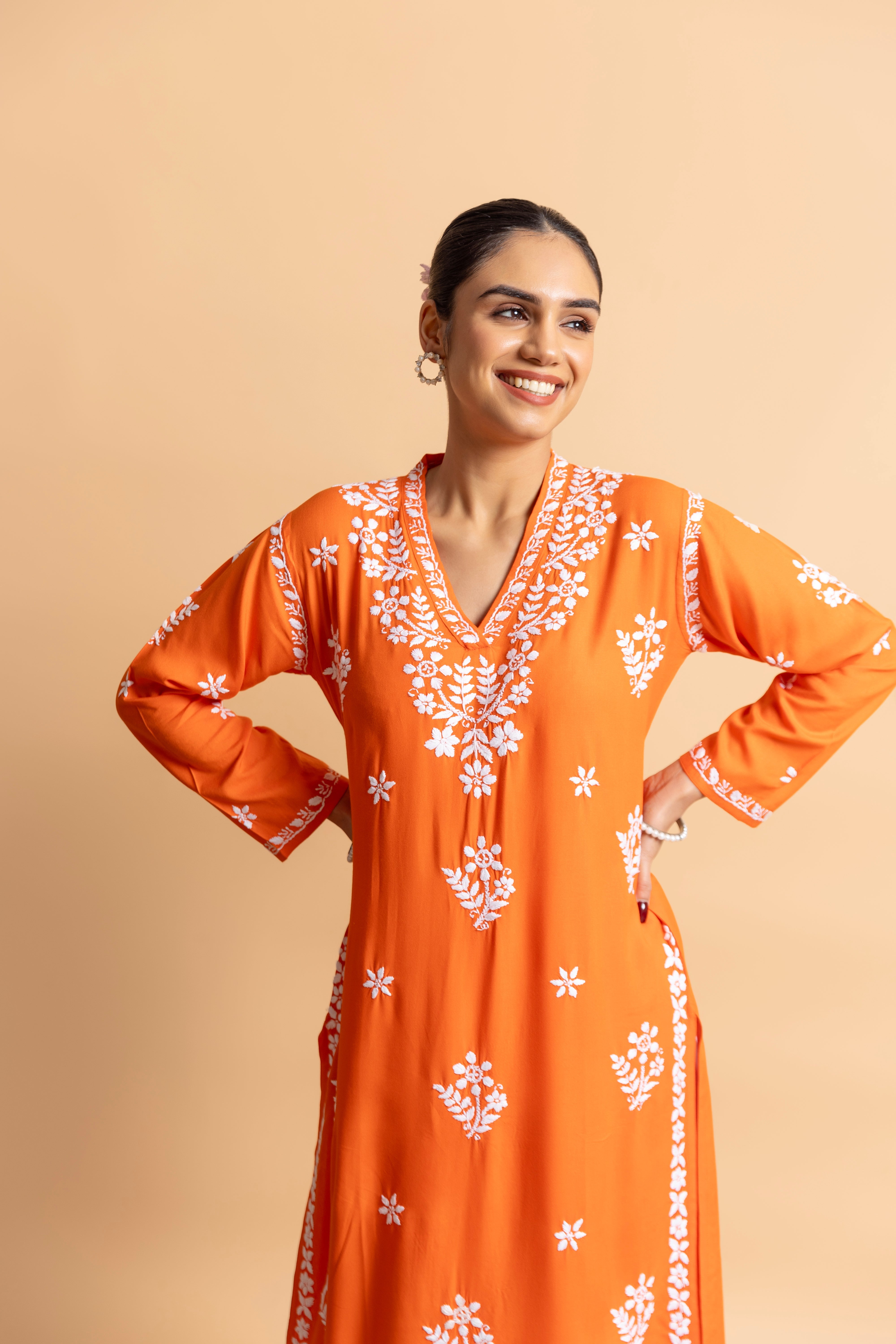 Cotton Blossom Chikankari V-Neck Kurta - Orange