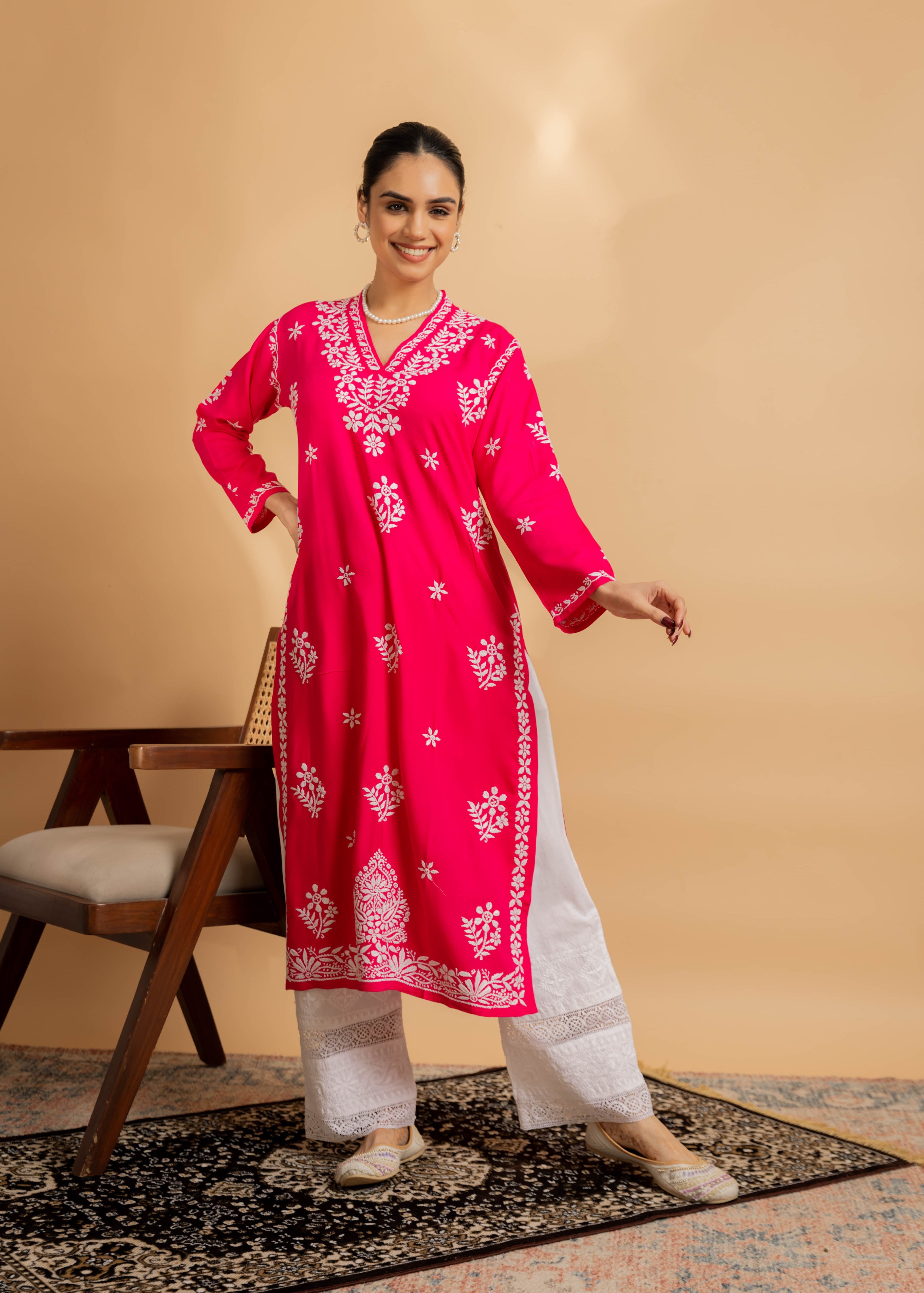 Komal x HOK Cotton Blossom Chikankari V-Neck Kurta - Pink
