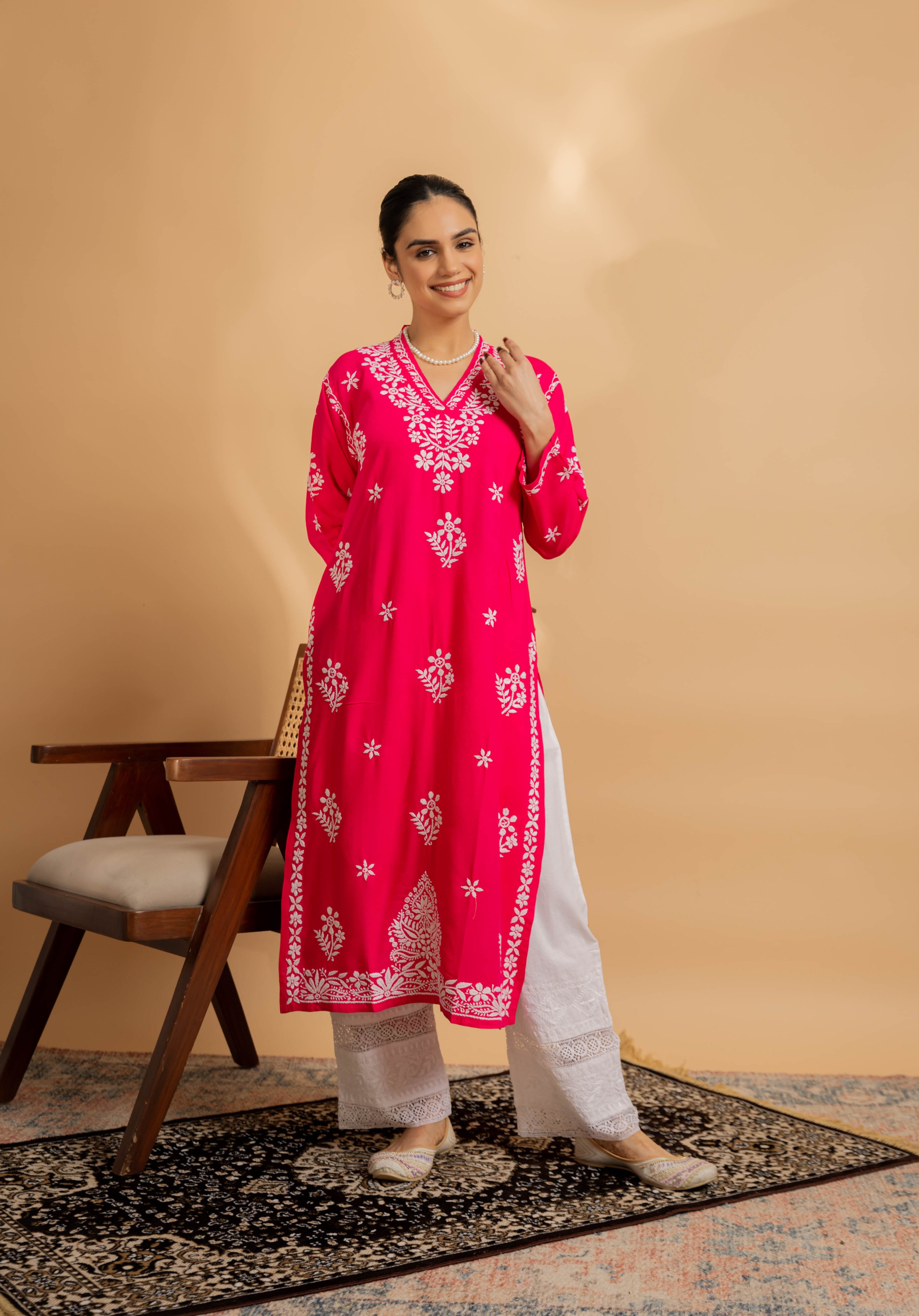 Komal x HOK Cotton Blossom Chikankari V-Neck Kurta - Pink