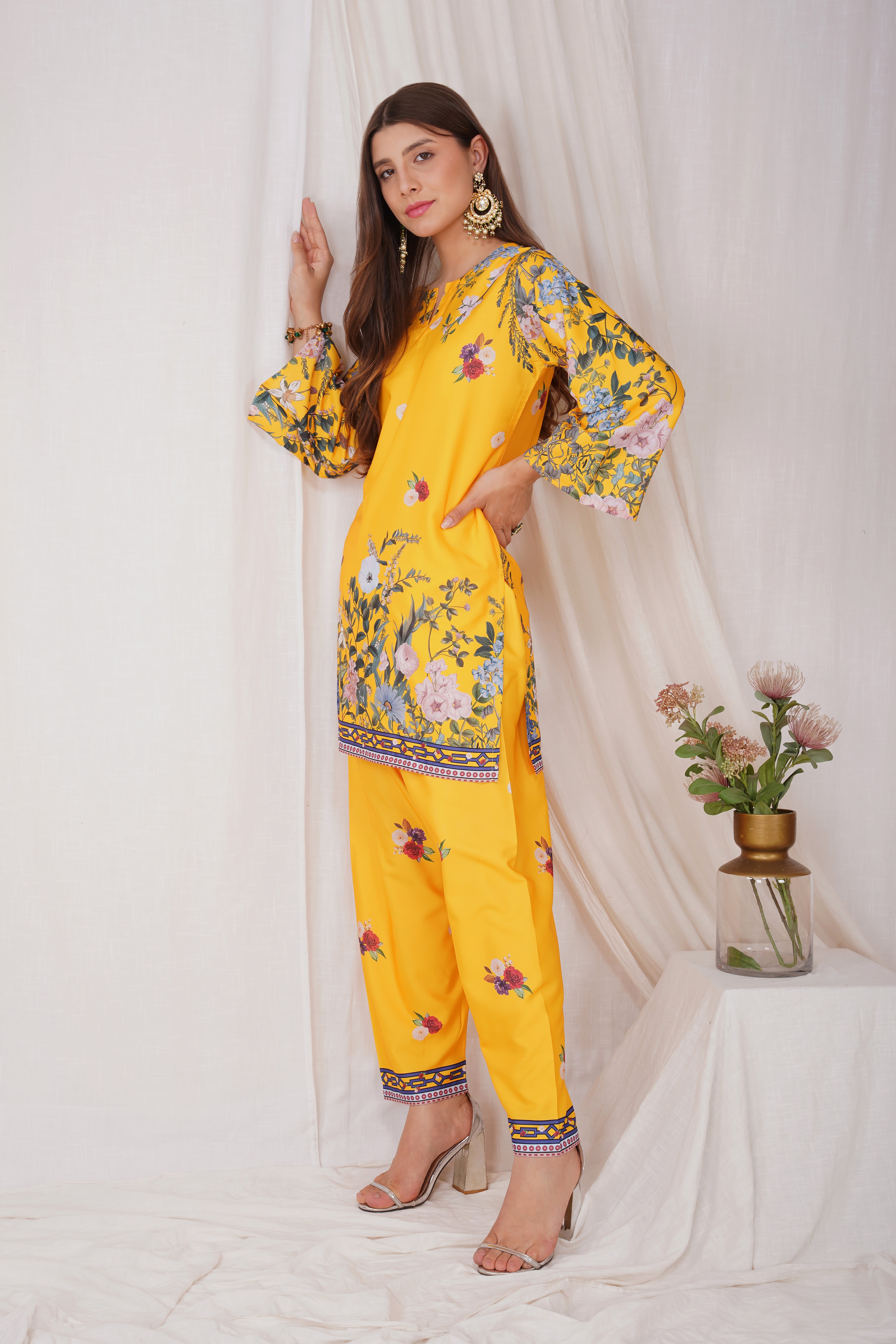 Nidhi in Printkari Poly Muslin Co-ord set in Yellow