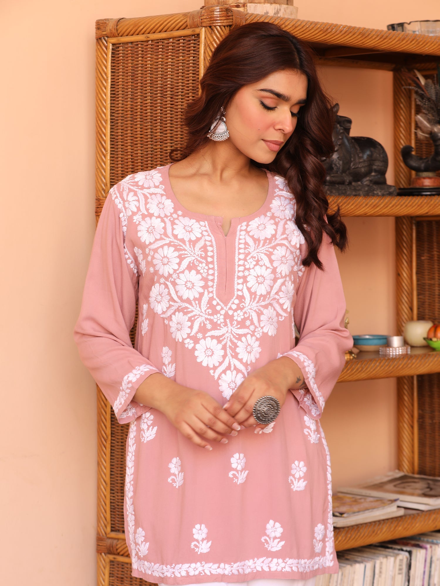 Saba Chikankari Short Kurta in Rayon cotton - Peach