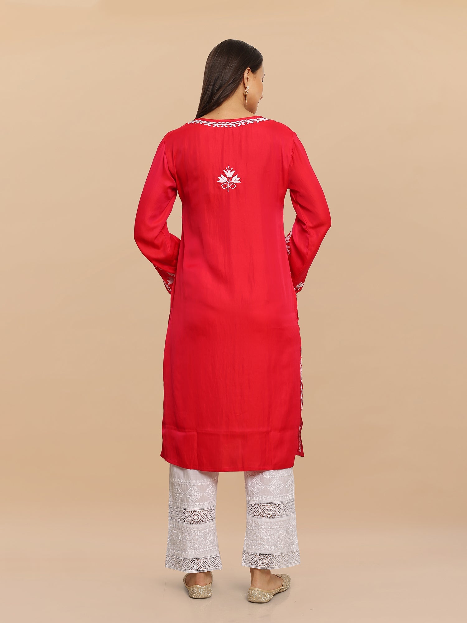 Saba Chikankari Long Kurta in Barfi Silk - Red