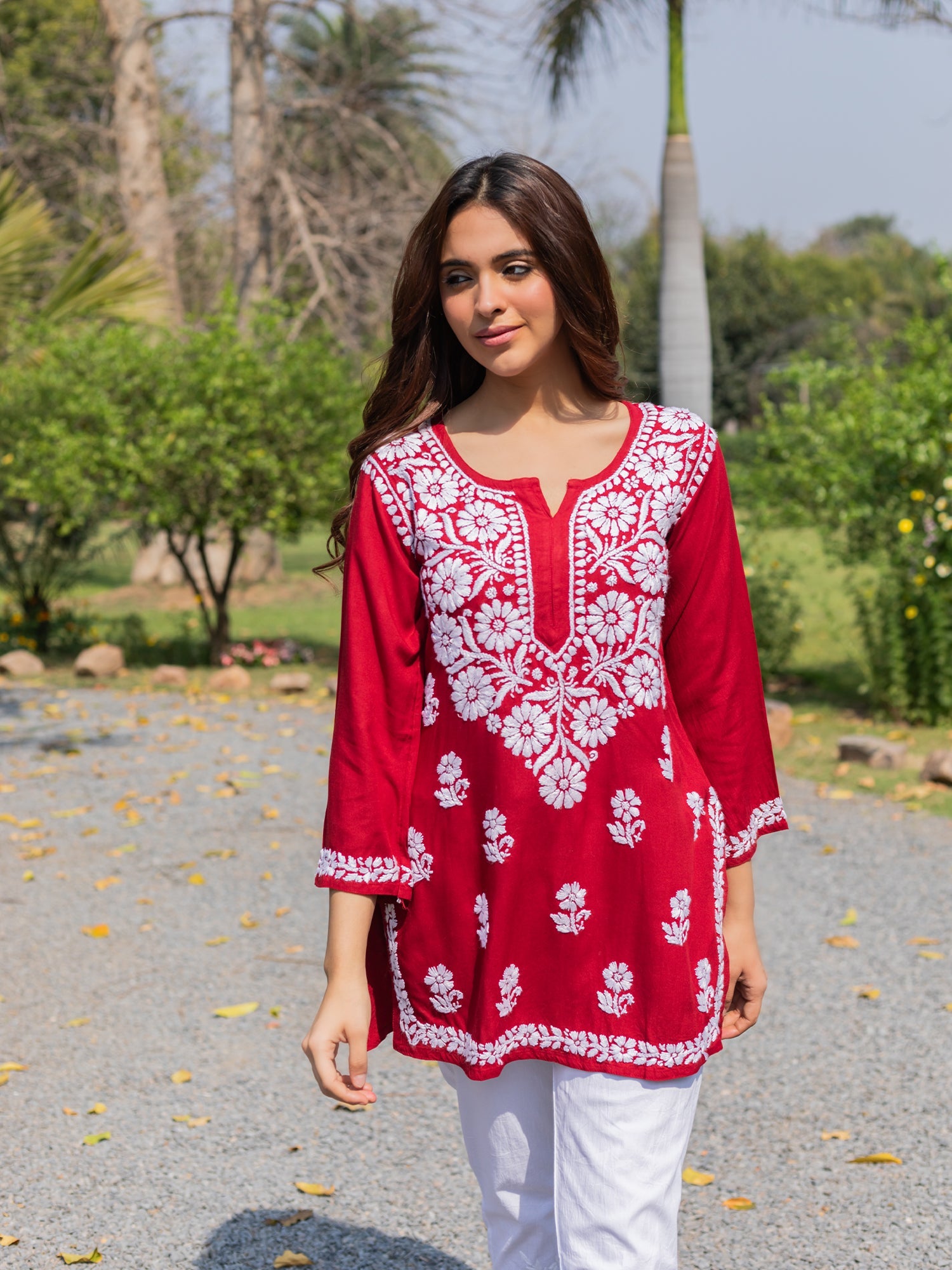 Saba Chikankari Short Kurta in Rayon cotton - Maroon