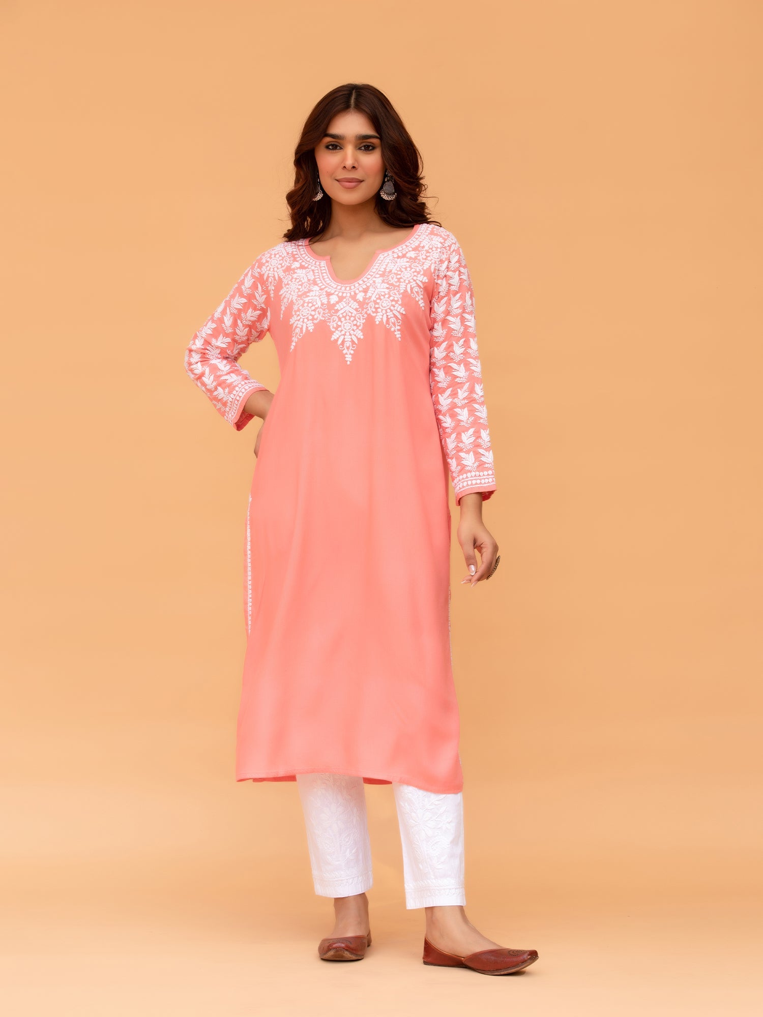 Saba Chikankari Long Kurta in Rayon cotton - Pink