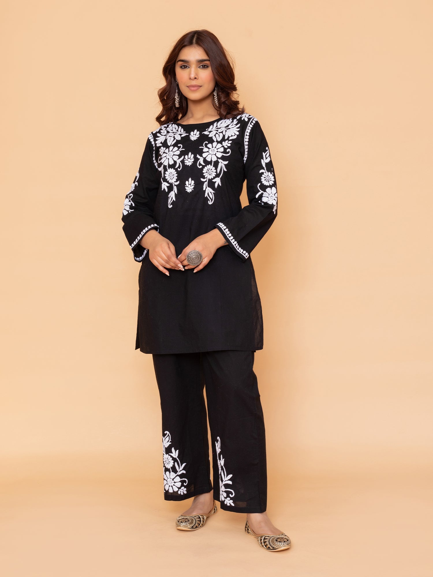 Saba Chikankari Co-ord Set in Cotton Cambric - Black With White