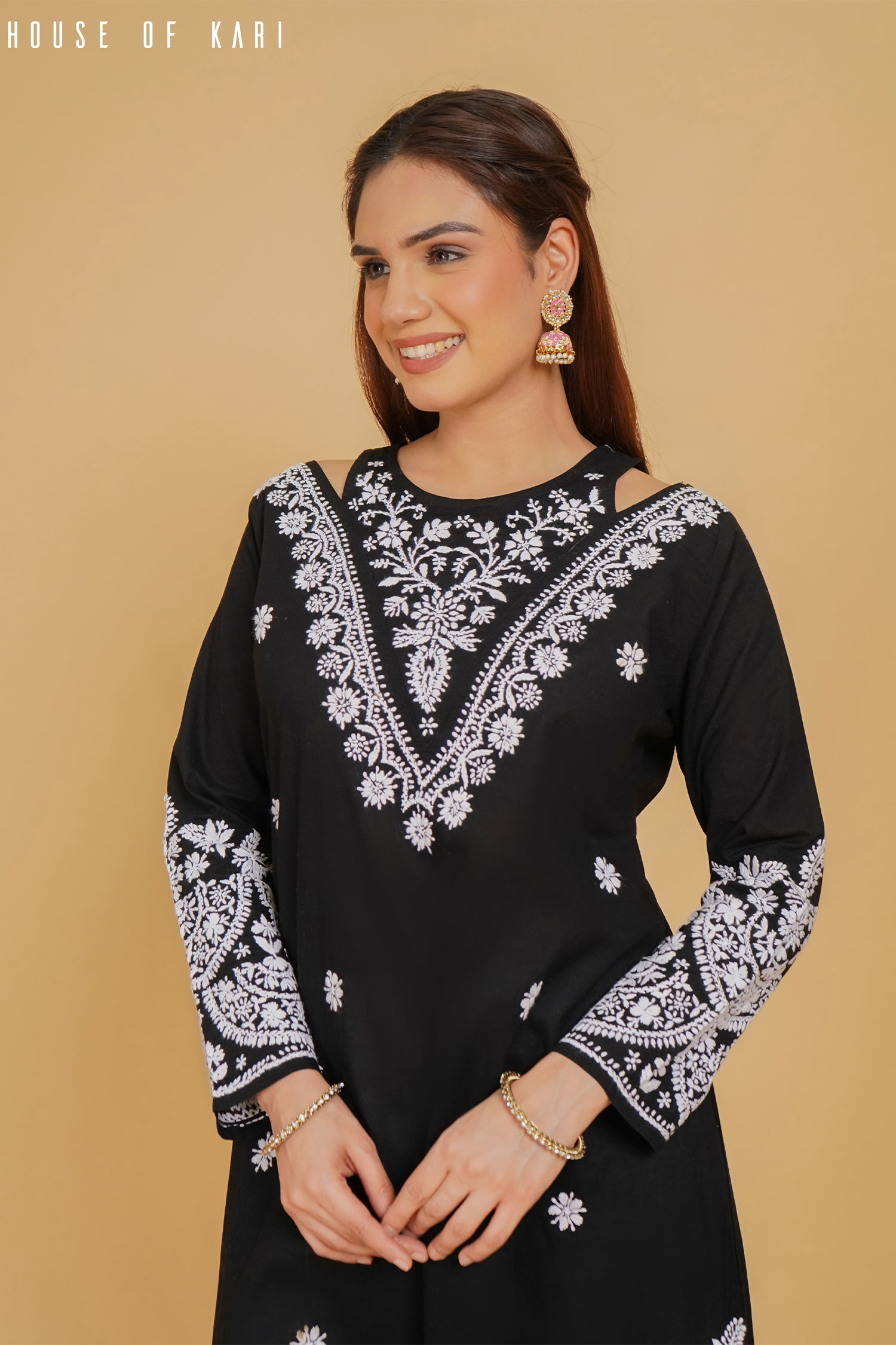 ADA in Cotton Chikankari Long Kurta Black