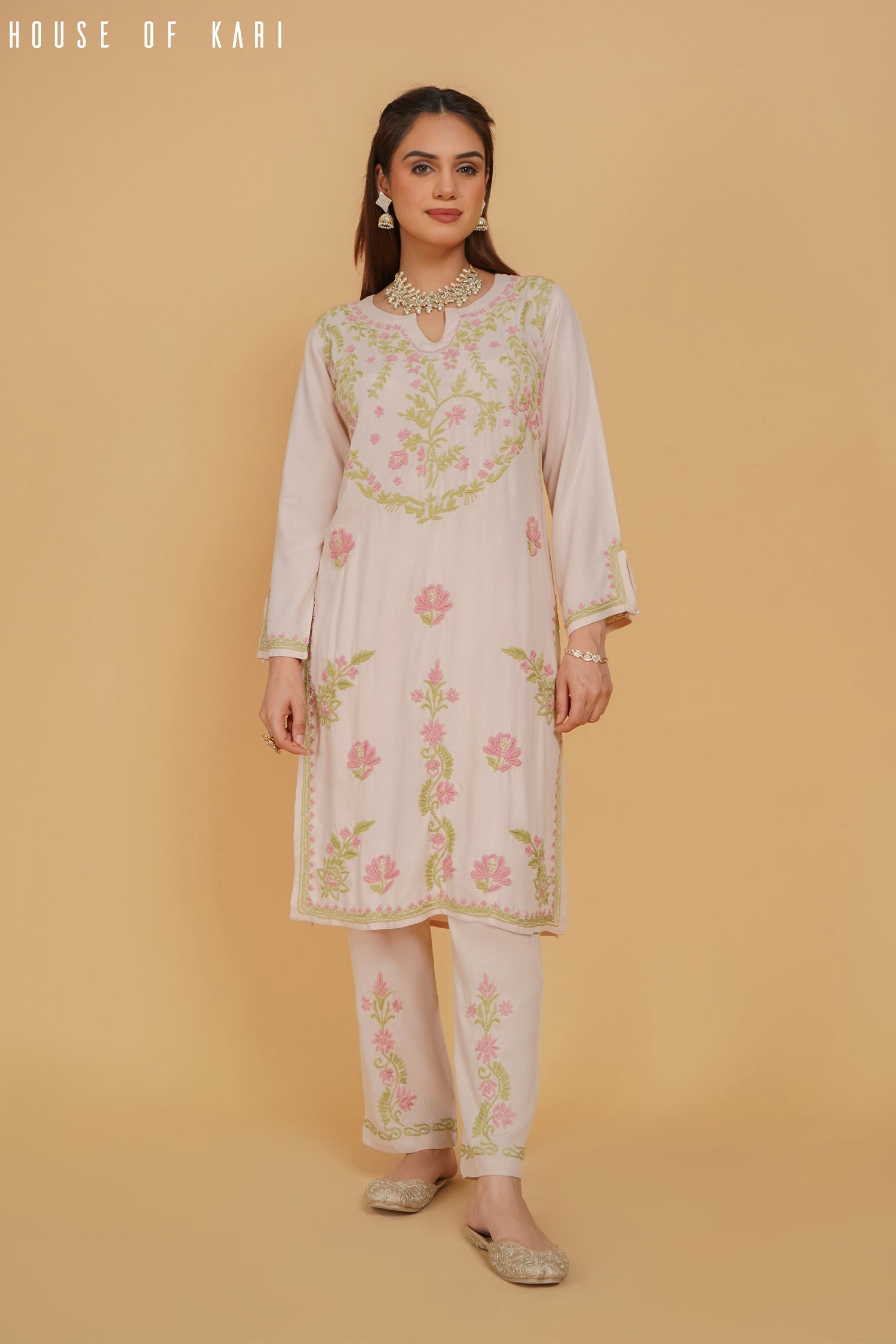 Chikankari Kurta Set In Rayon - Beige