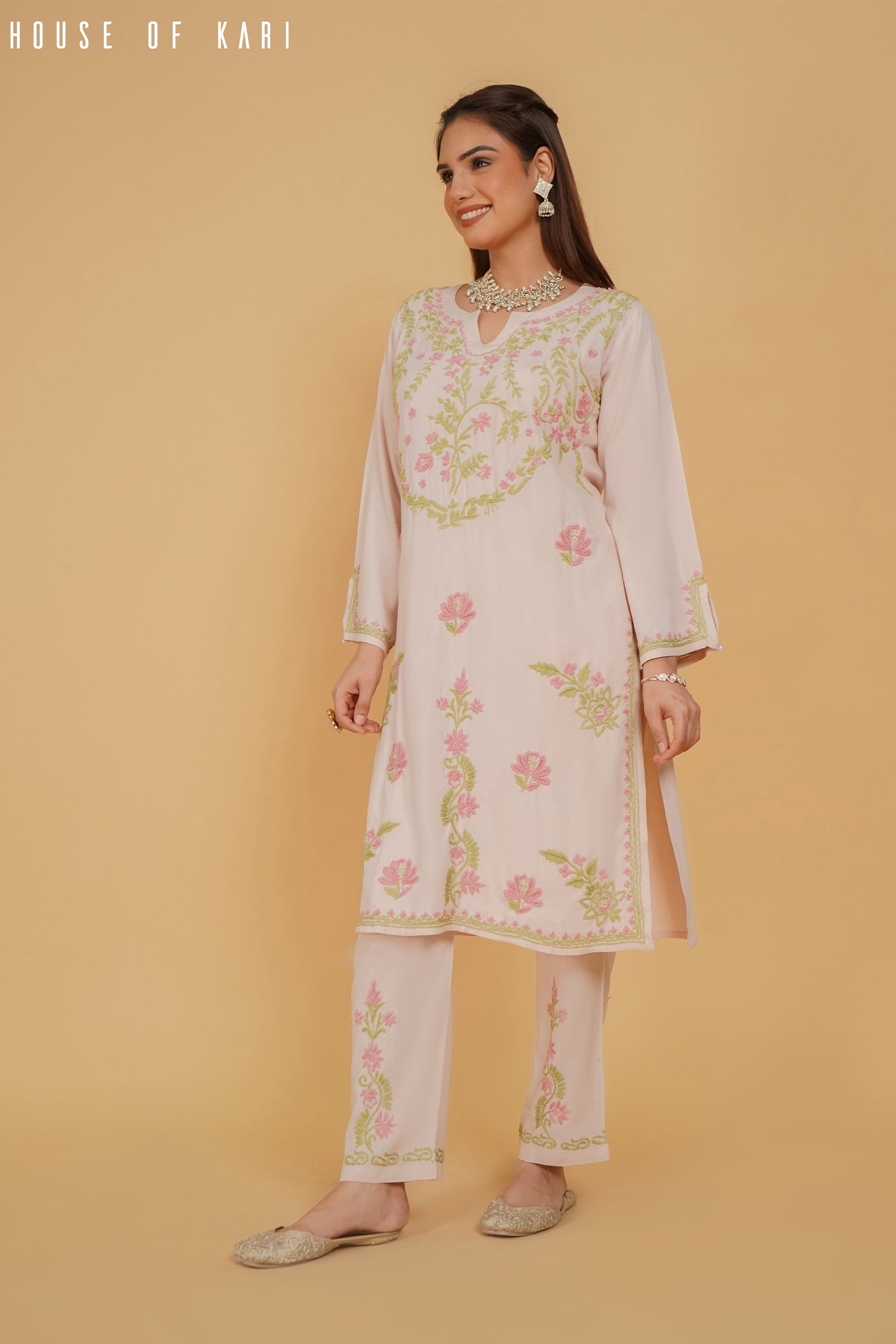 Chikankari Kurta Set In Rayon - Beige